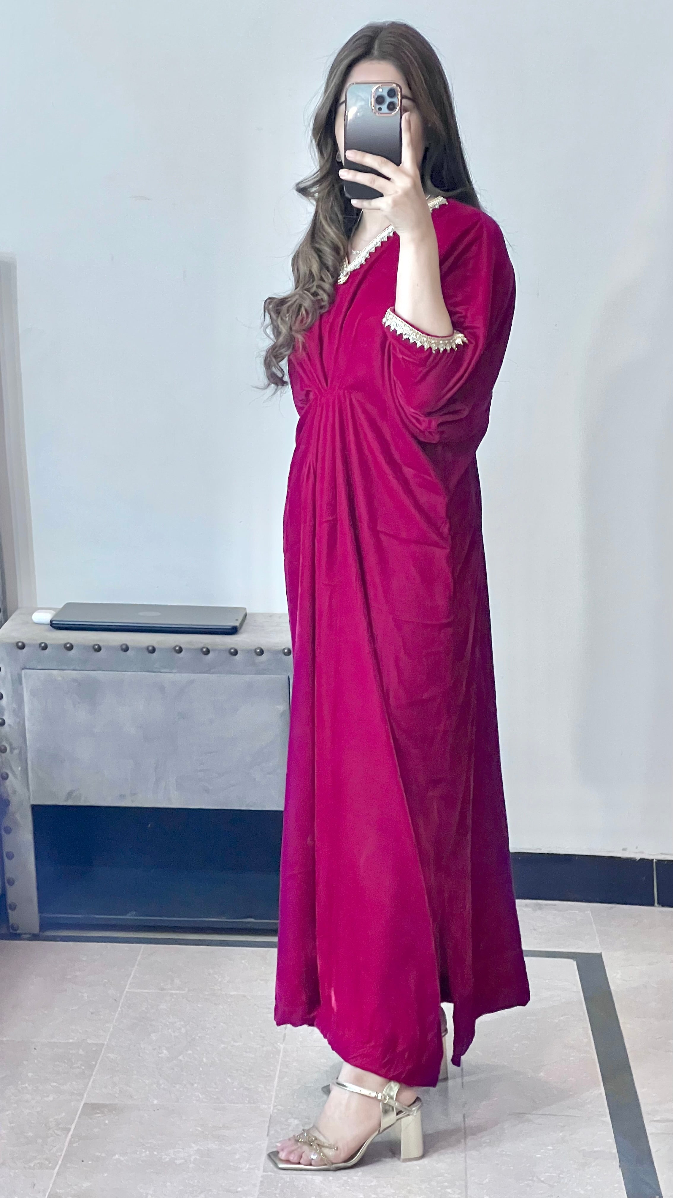 Embroidered Velvet Fuchsia Pink Kaftan