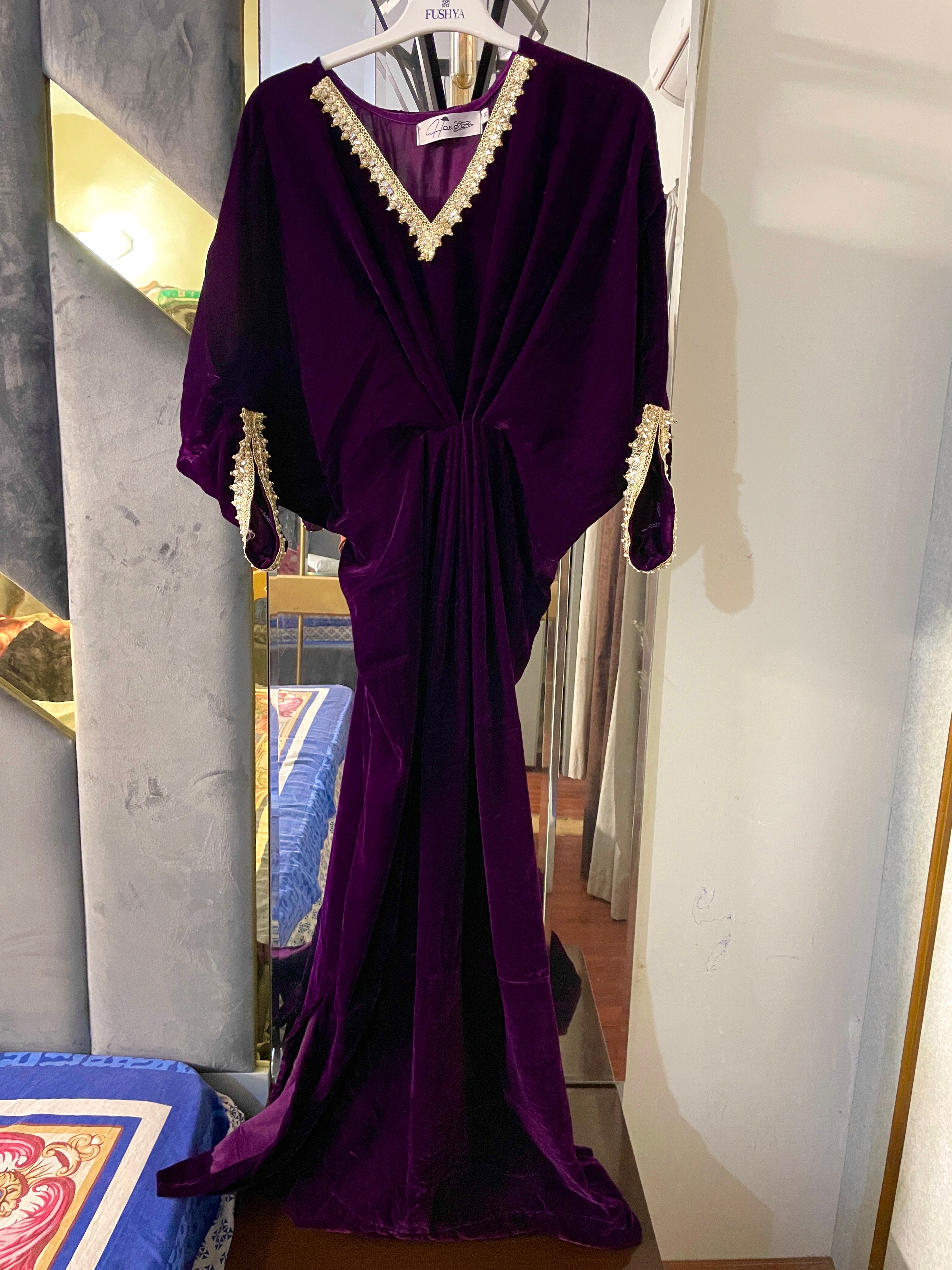 Embroidered Velvet Burgundy Kaftan
