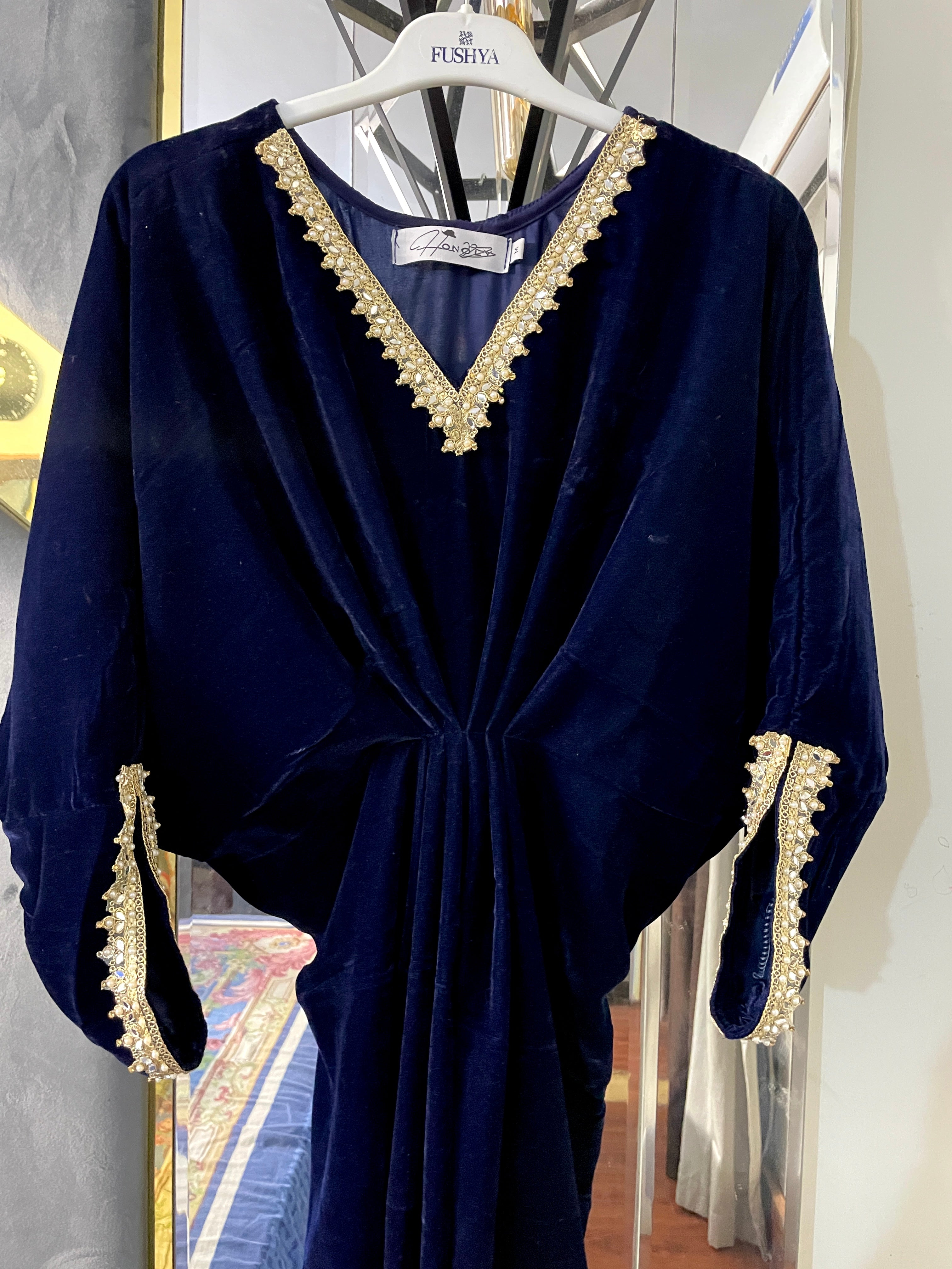 Embroidered Velvet Navy Blue Kaftan