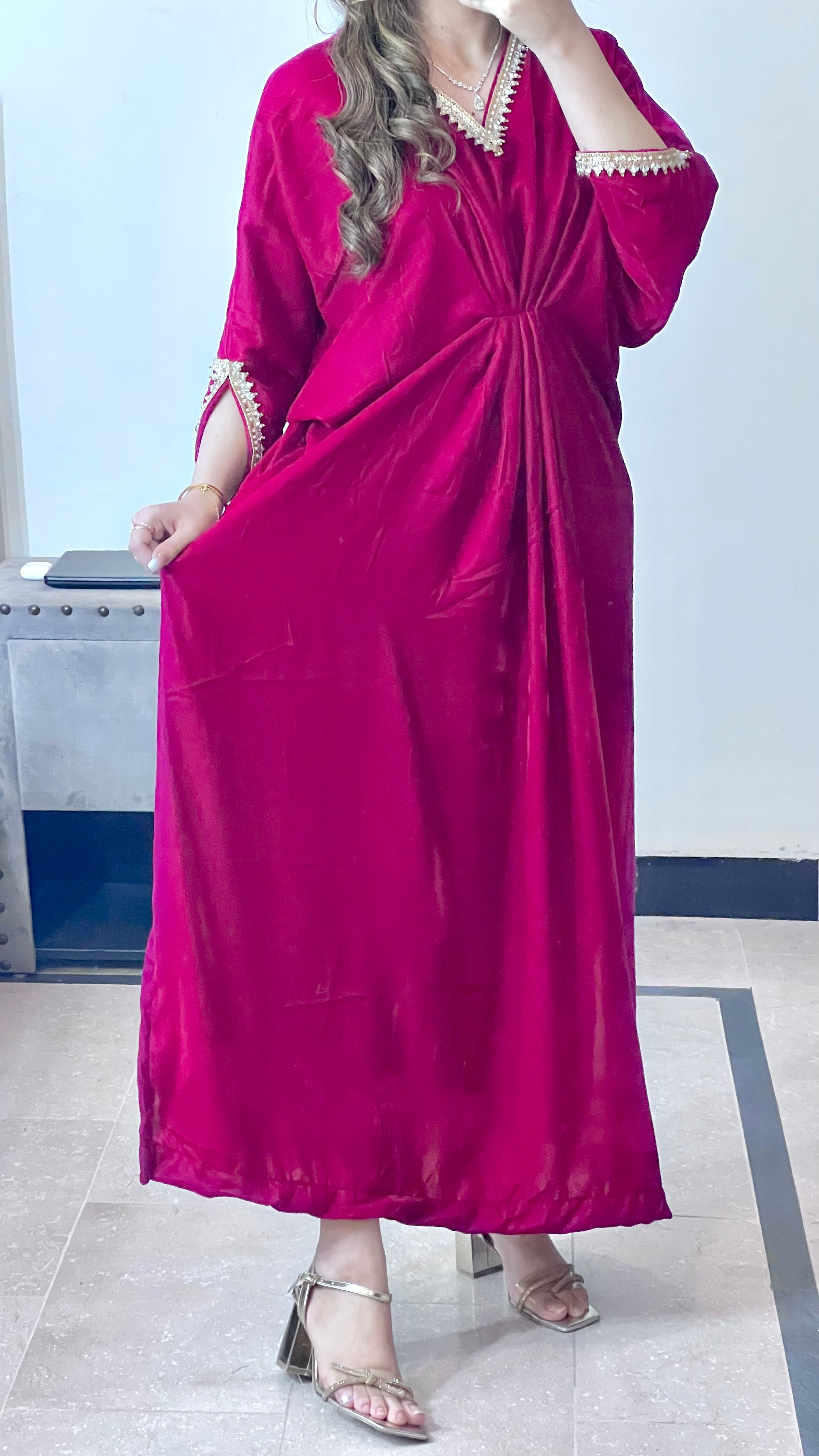 Embroidered Velvet Fuchsia Pink Kaftan