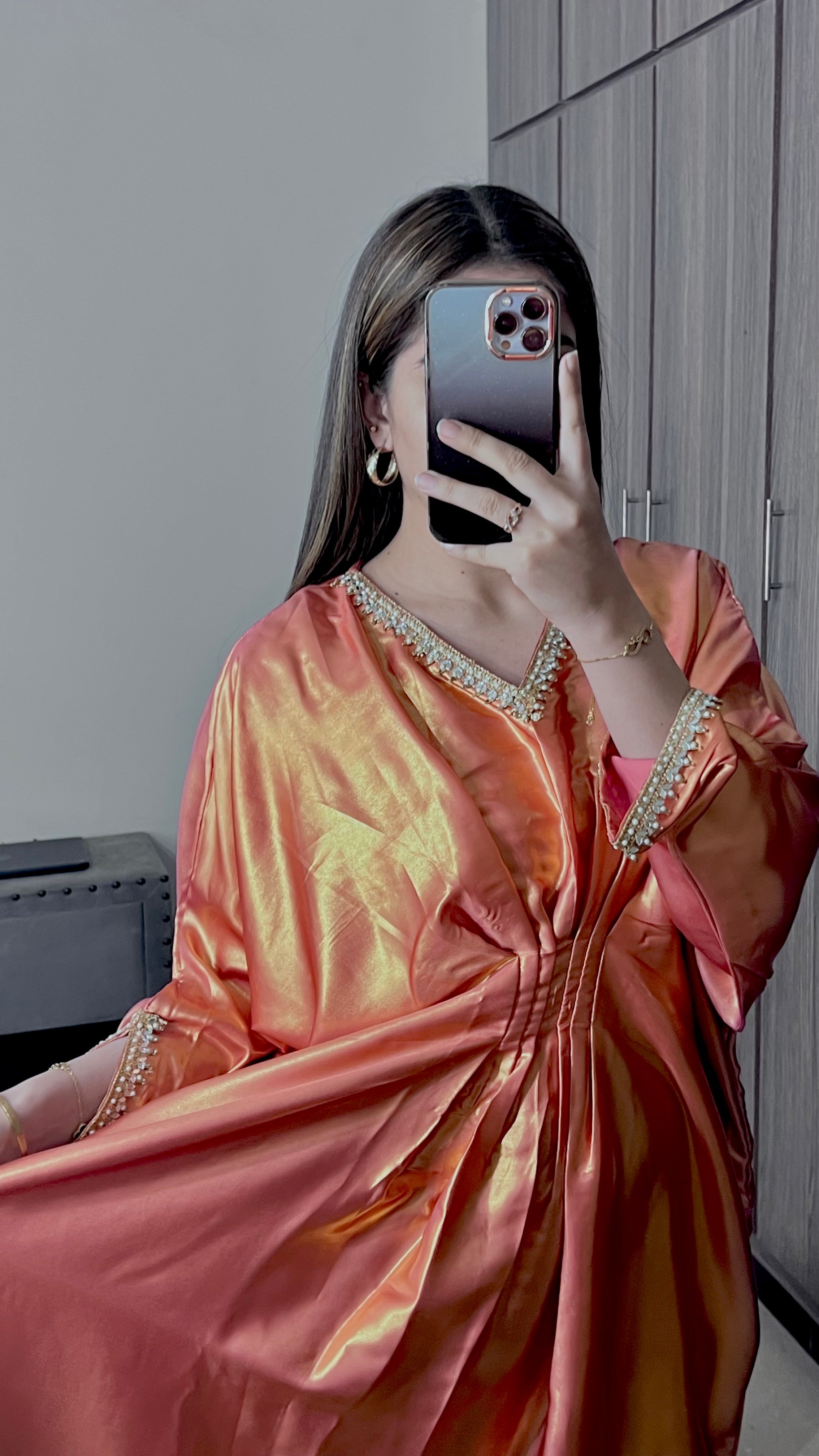 Embroidered Shimmer Silk Rust Kaftan