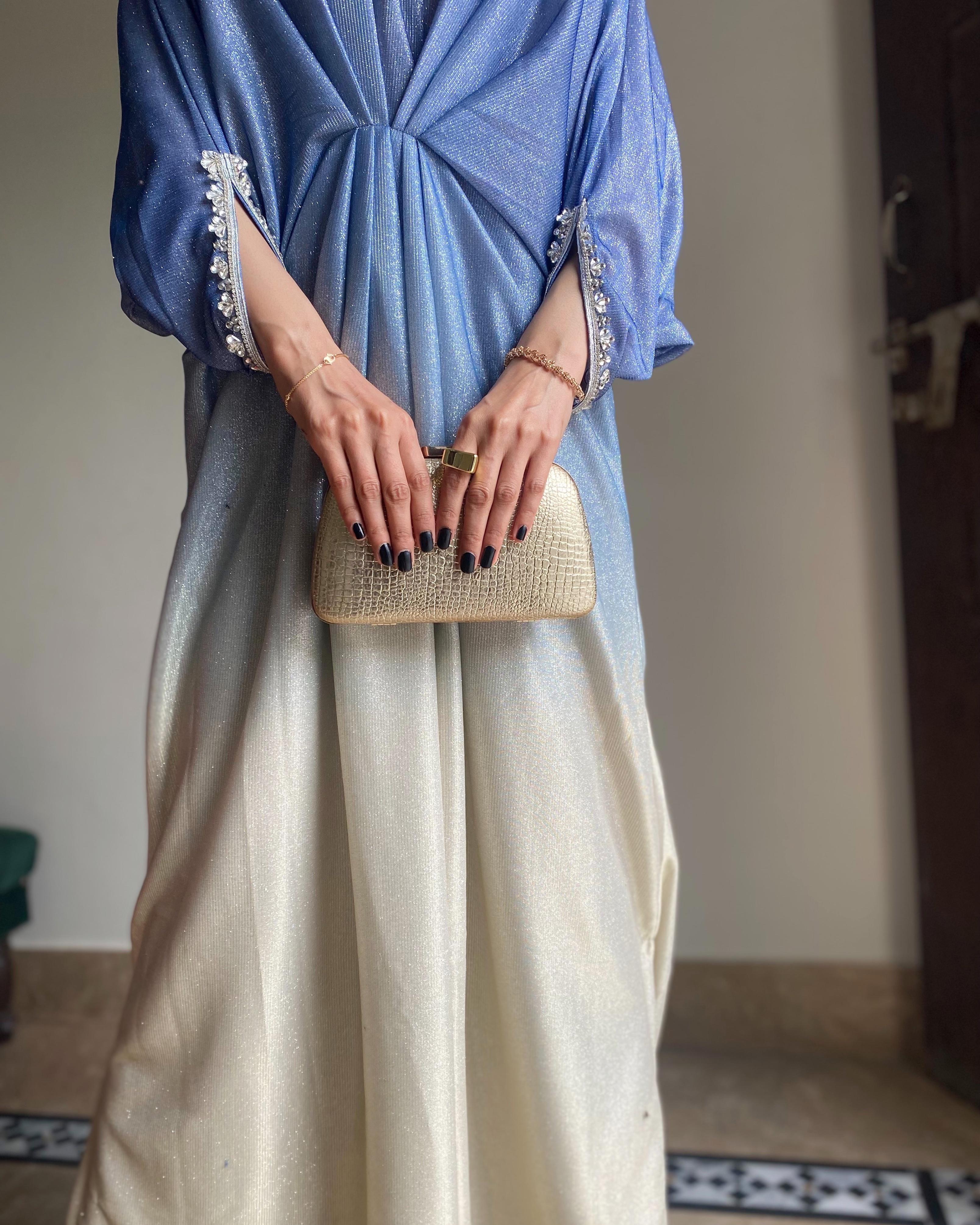Embroidered Blue-Golden Shimmer Moonlight Kaftan