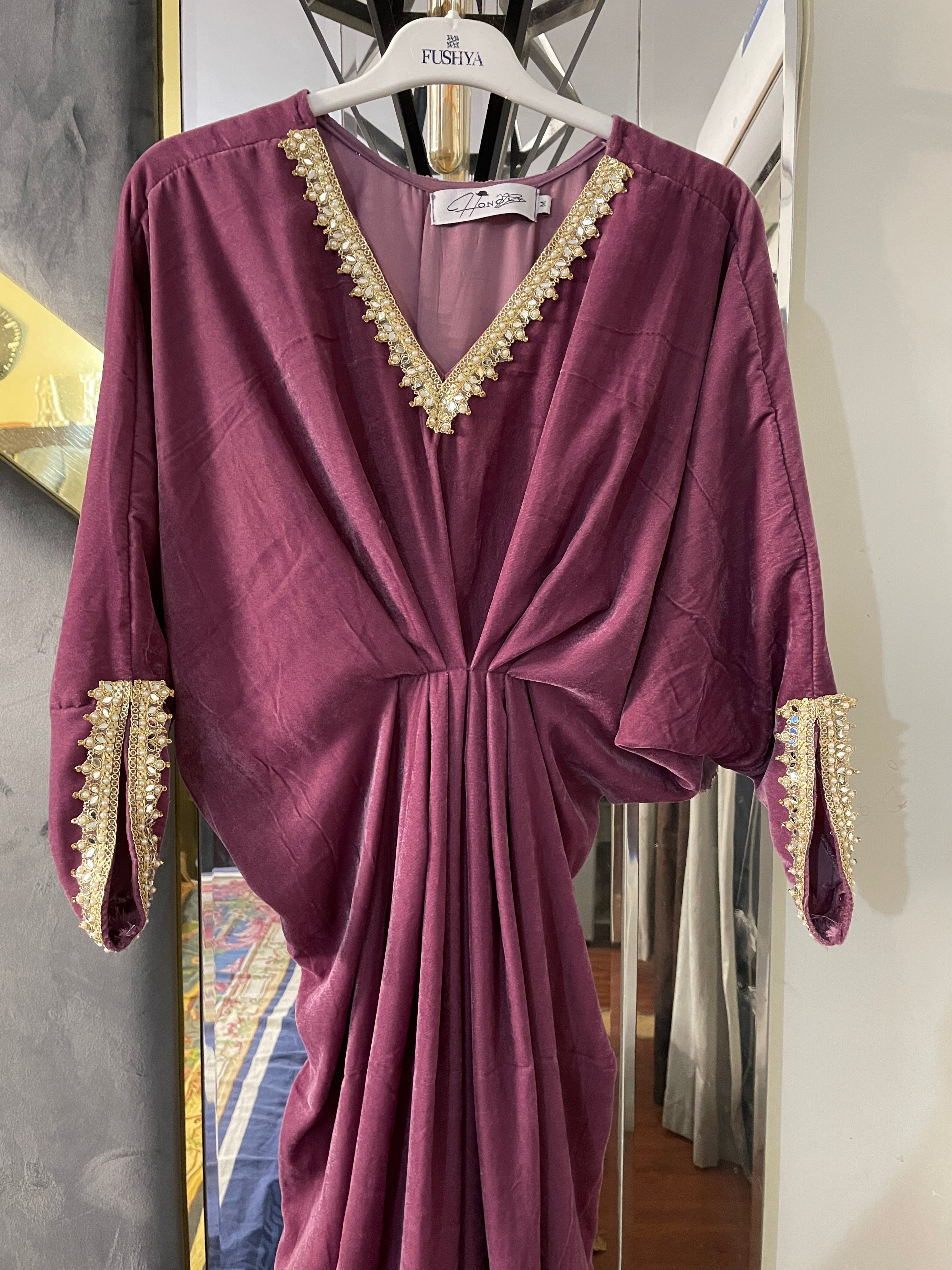 Embroidered Velvet Wine Color Kaftan