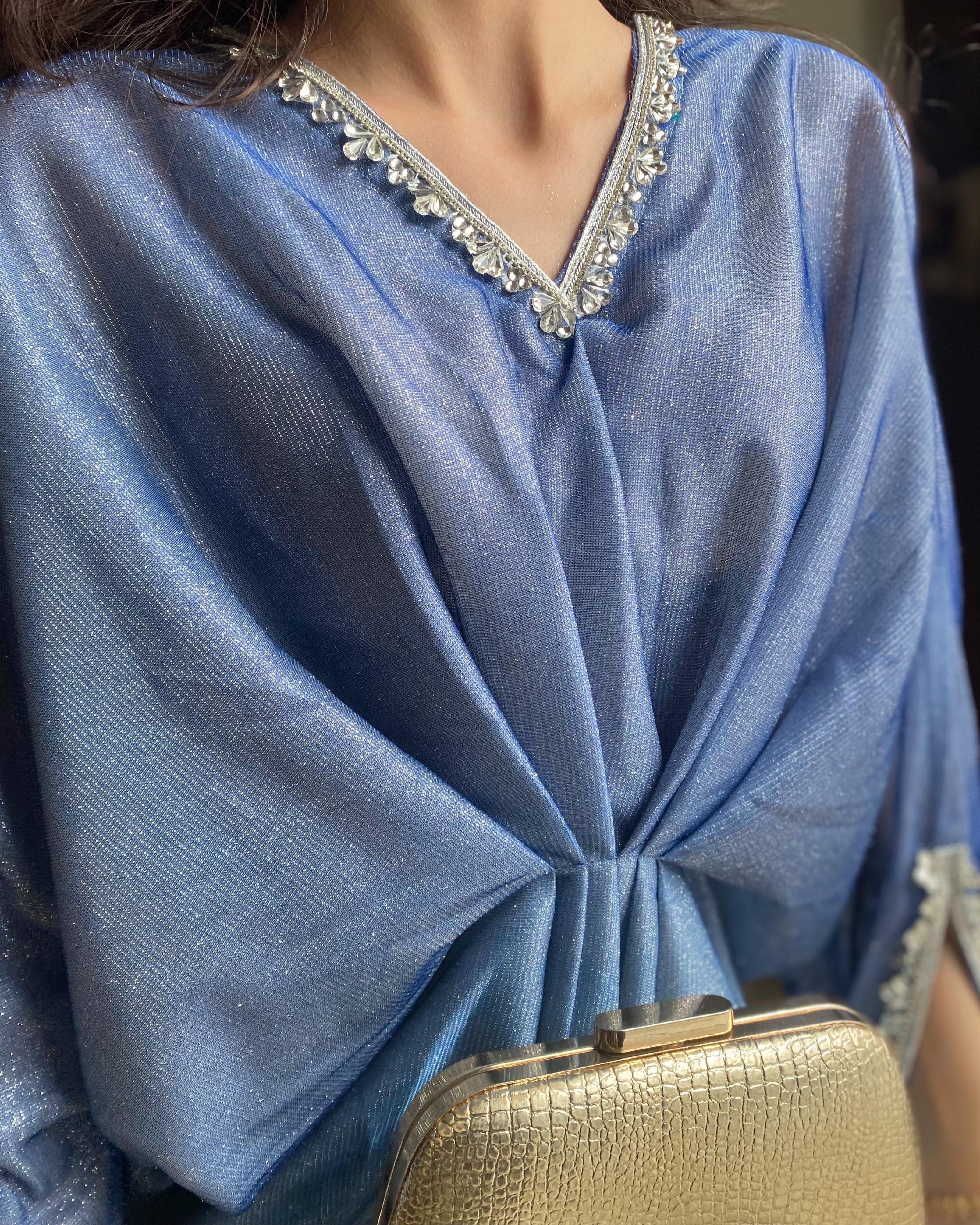 Embroidered Blue-Golden Shimmer Moonlight Kaftan