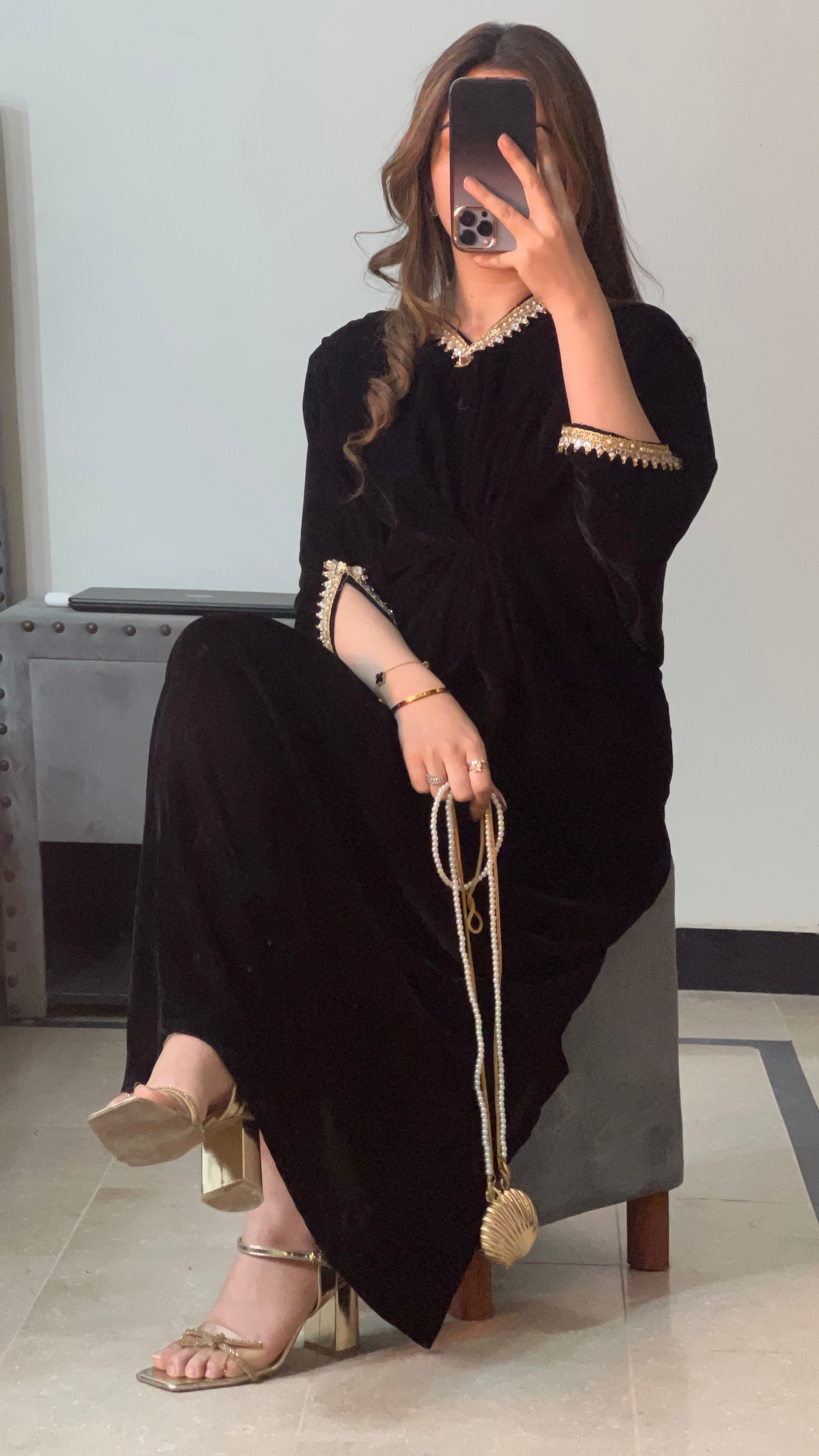 Embroidered Velvet Black Kaftan
