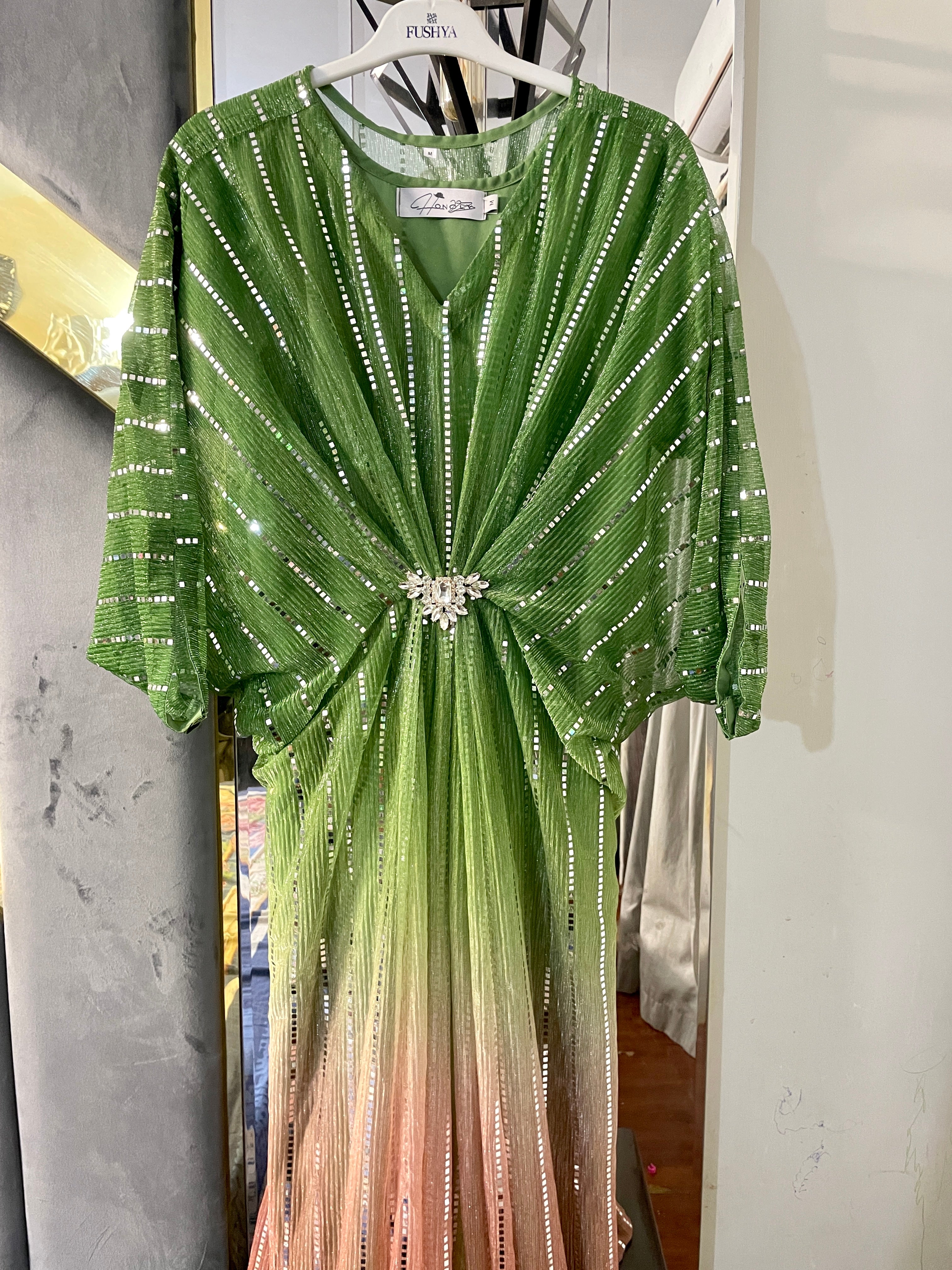 Forest Green - Pink Moonlight Sequins Kaftan