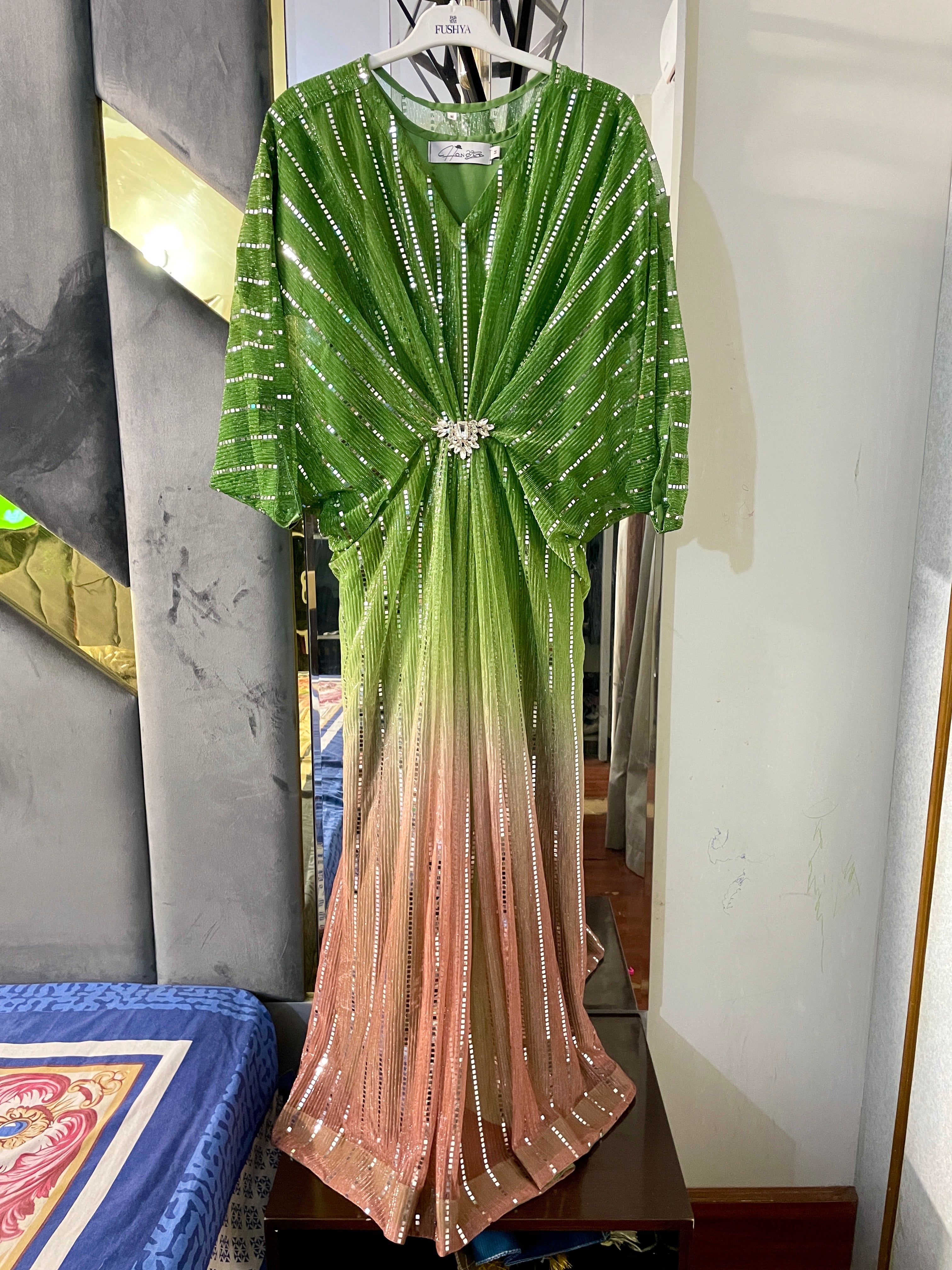 Forest Green - Pink Moonlight Sequins Kaftan