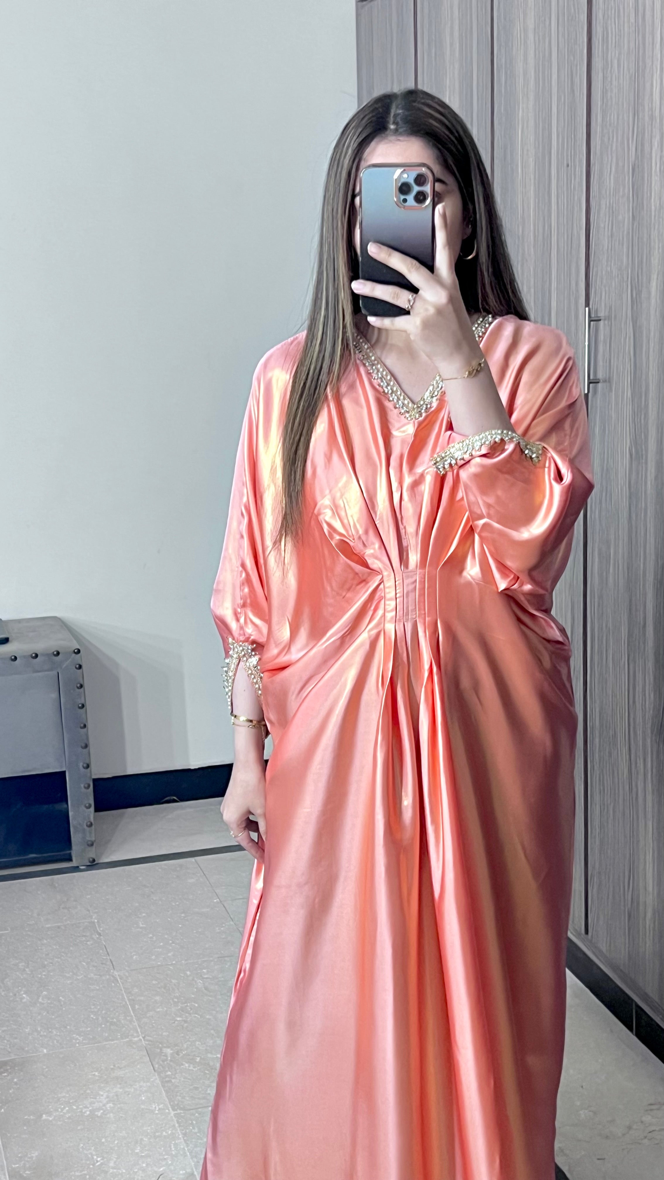 Embroidered Shimmer Silk Peach Kaftan