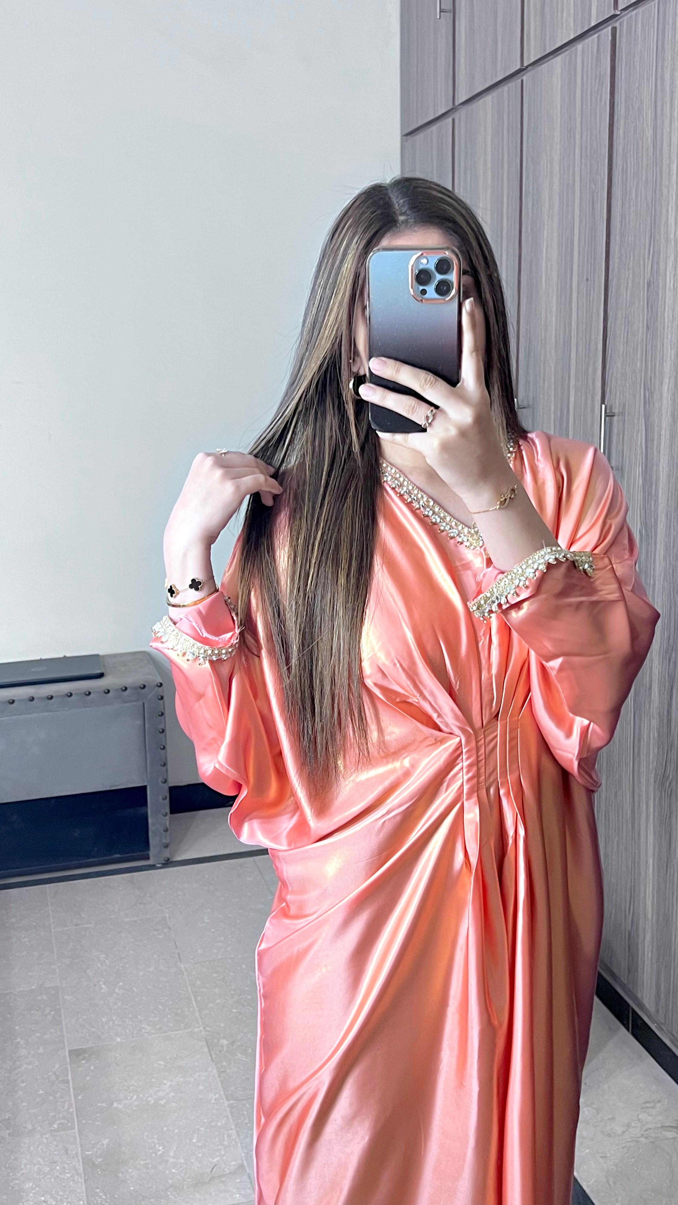 Embroidered Shimmer Silk Peach Kaftan