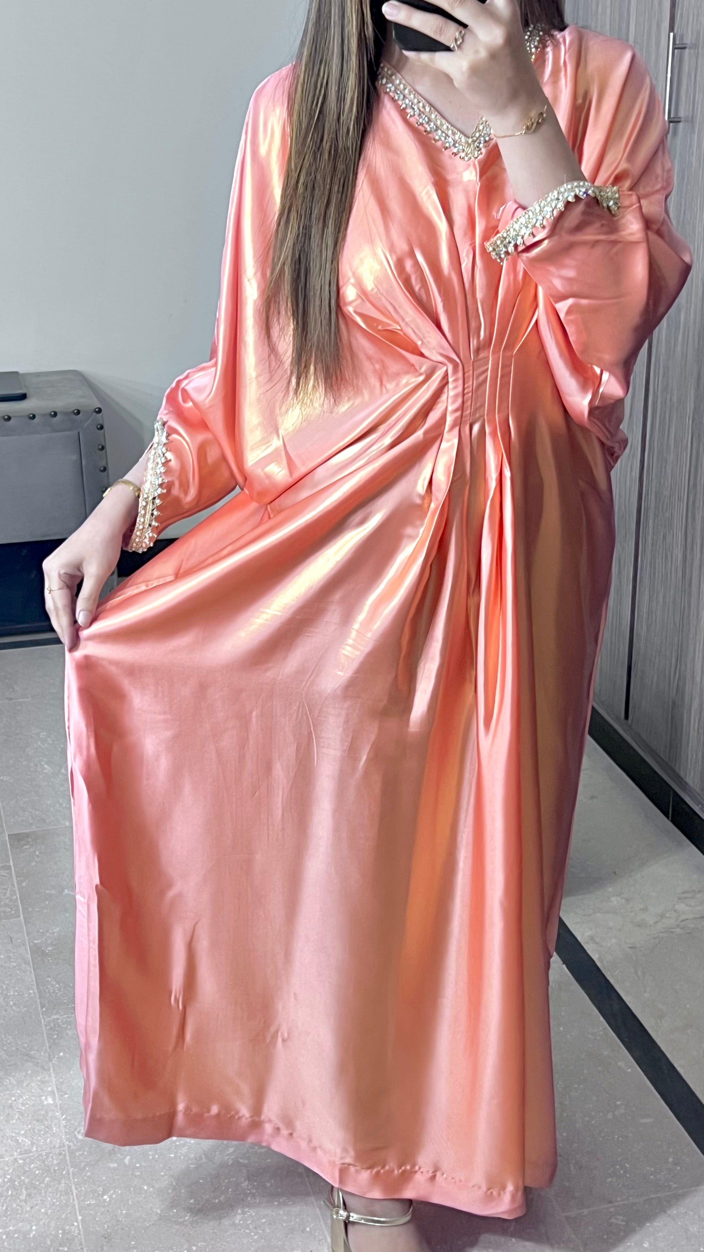 Embroidered Shimmer Silk Peach Kaftan