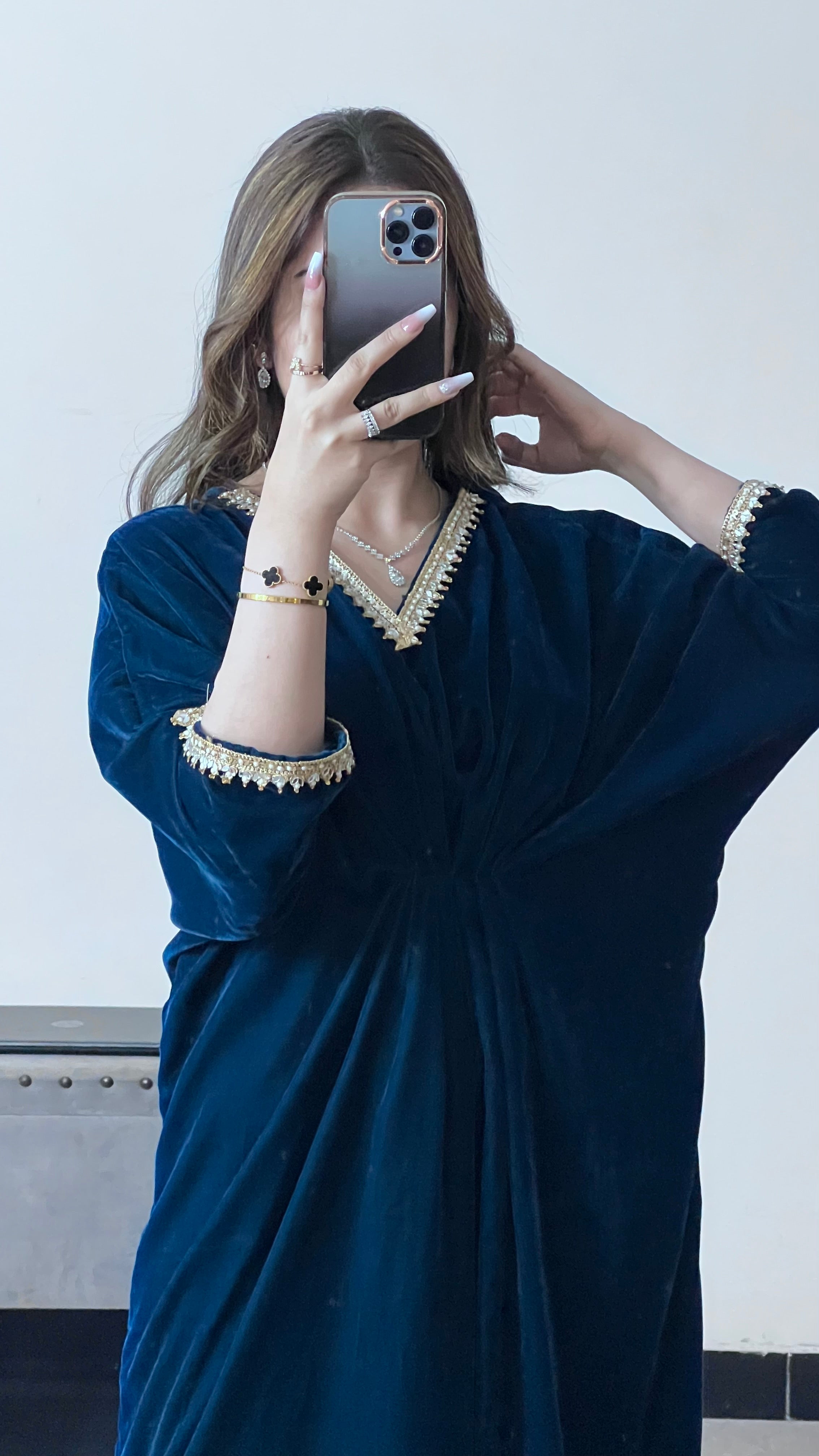Embroidered Velvet Zinc Blue Kaftan