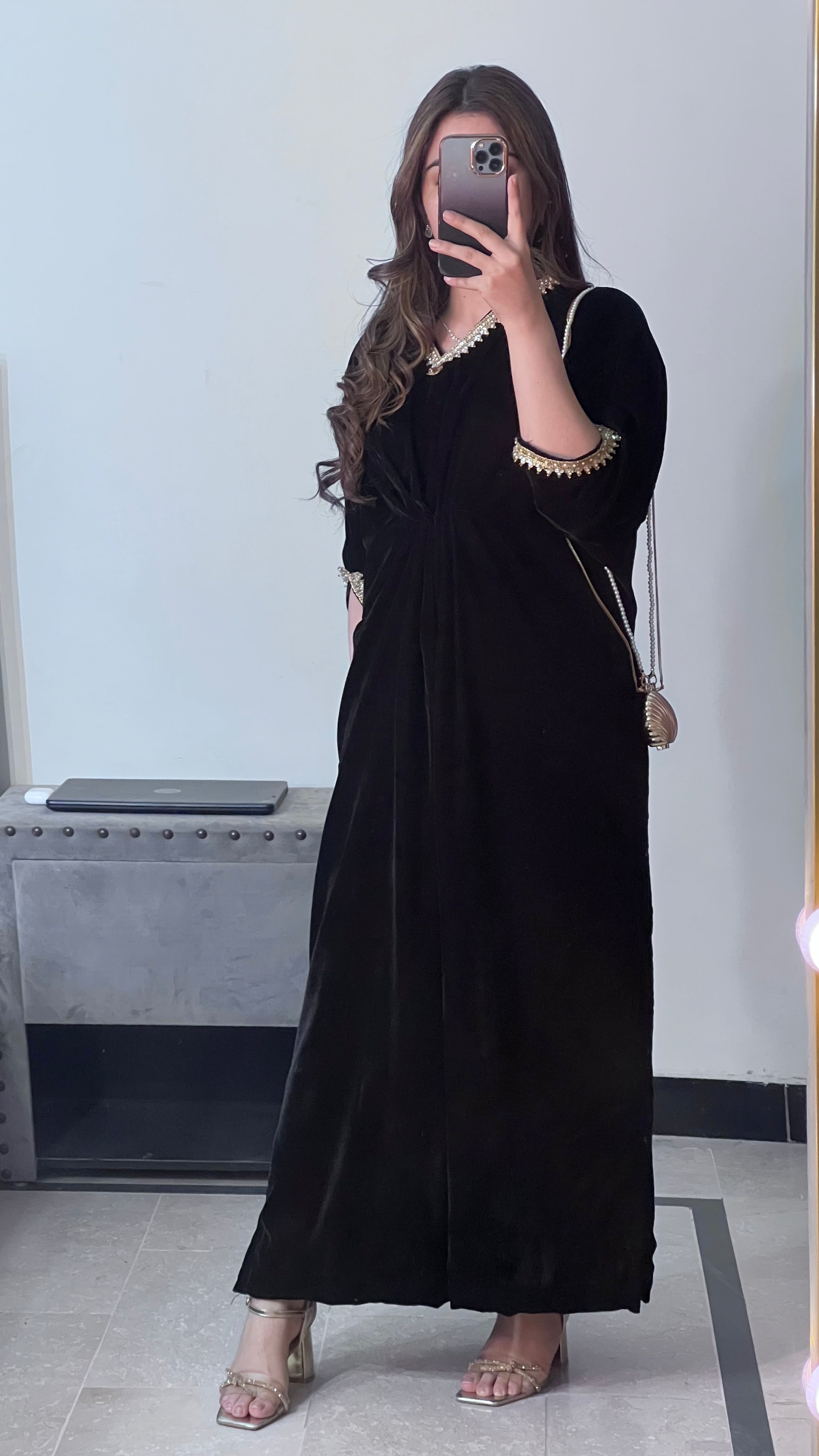 Embroidered Velvet Black Kaftan