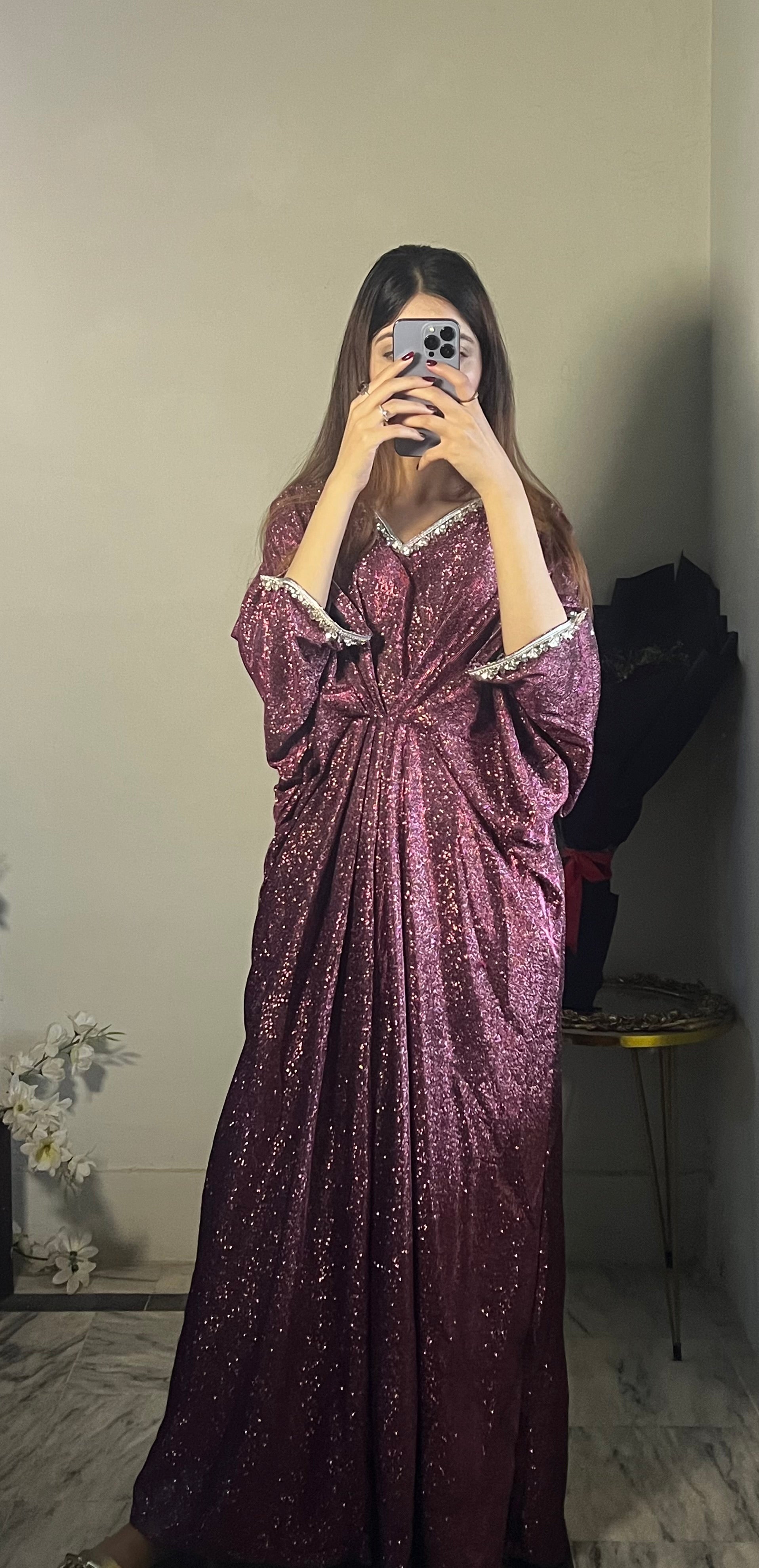 Embroidered Maroon Shimmer Moonlight Kaftan
