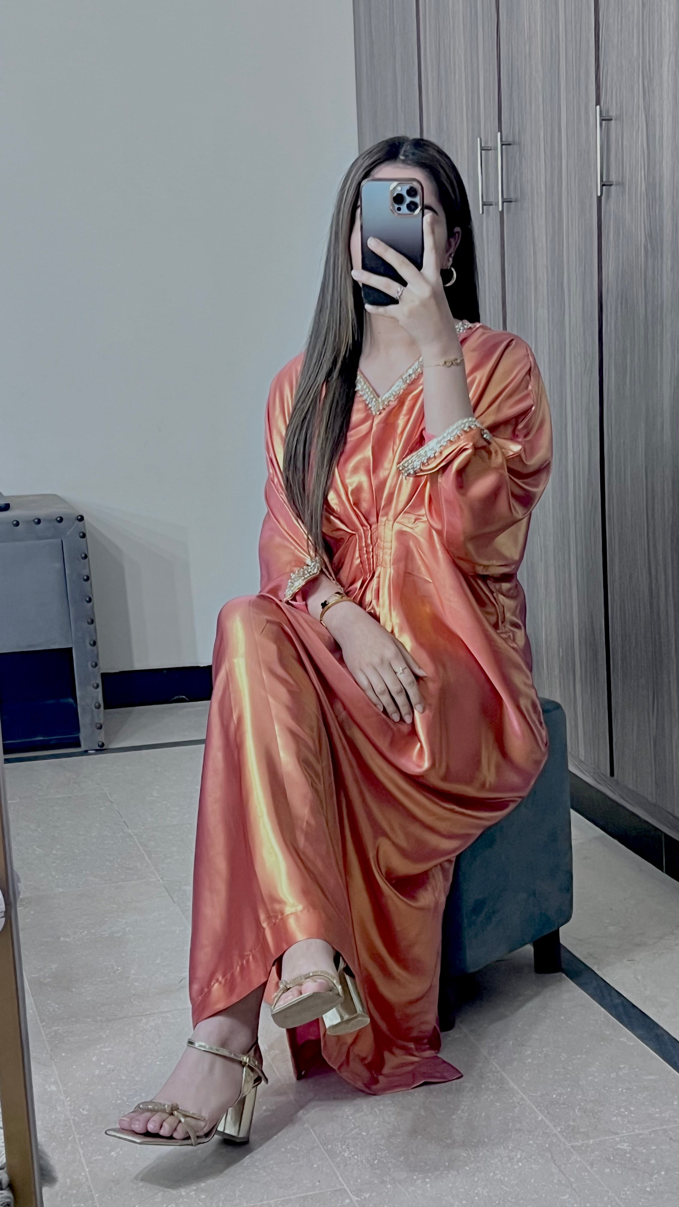 Embroidered Shimmer Silk Rust Kaftan