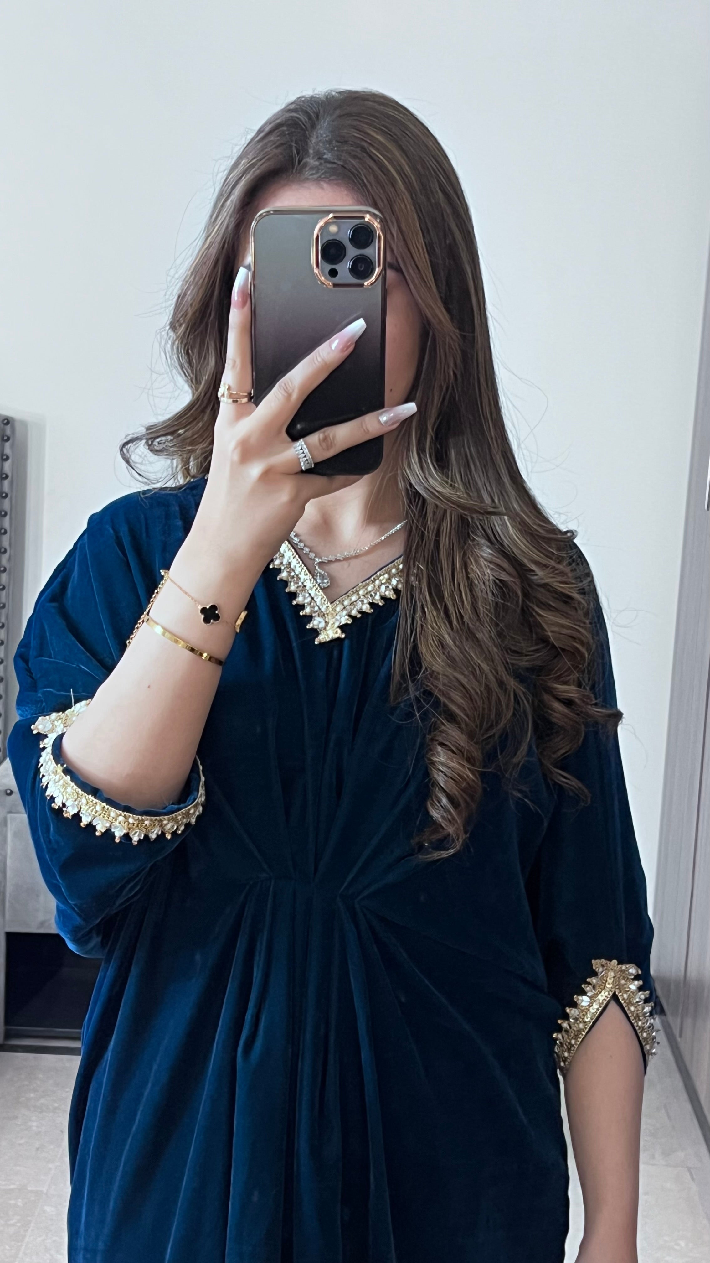 Embroidered Velvet Zinc Blue Kaftan