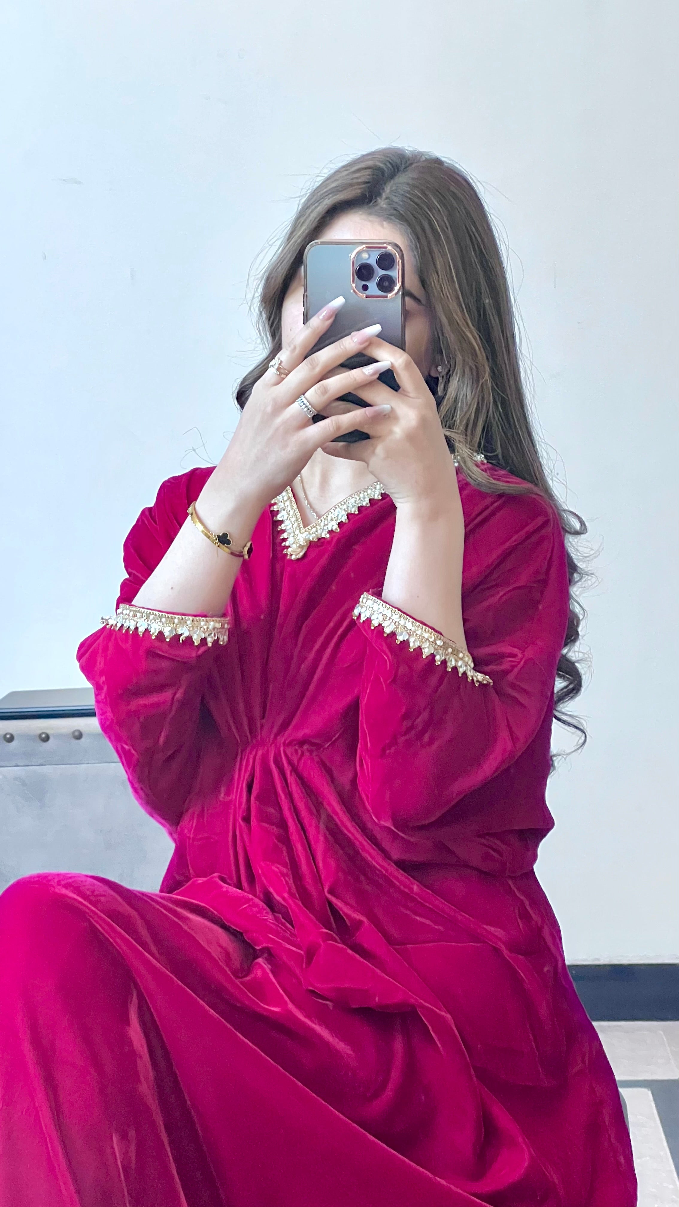 Embroidered Velvet Fuchsia Pink Kaftan