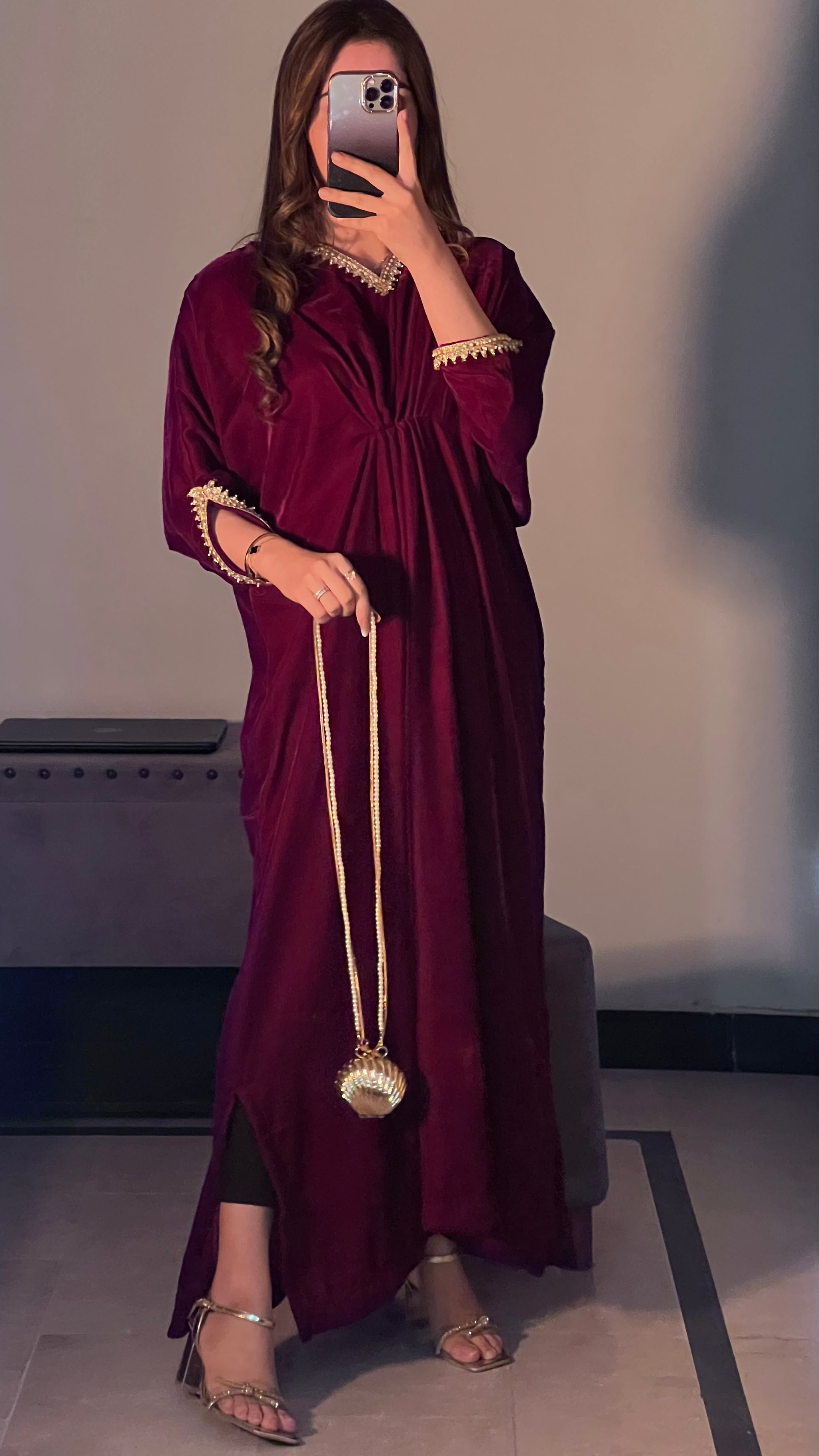 Women Maroon Velvet Hand Embellished Kaftaan Set main image 1