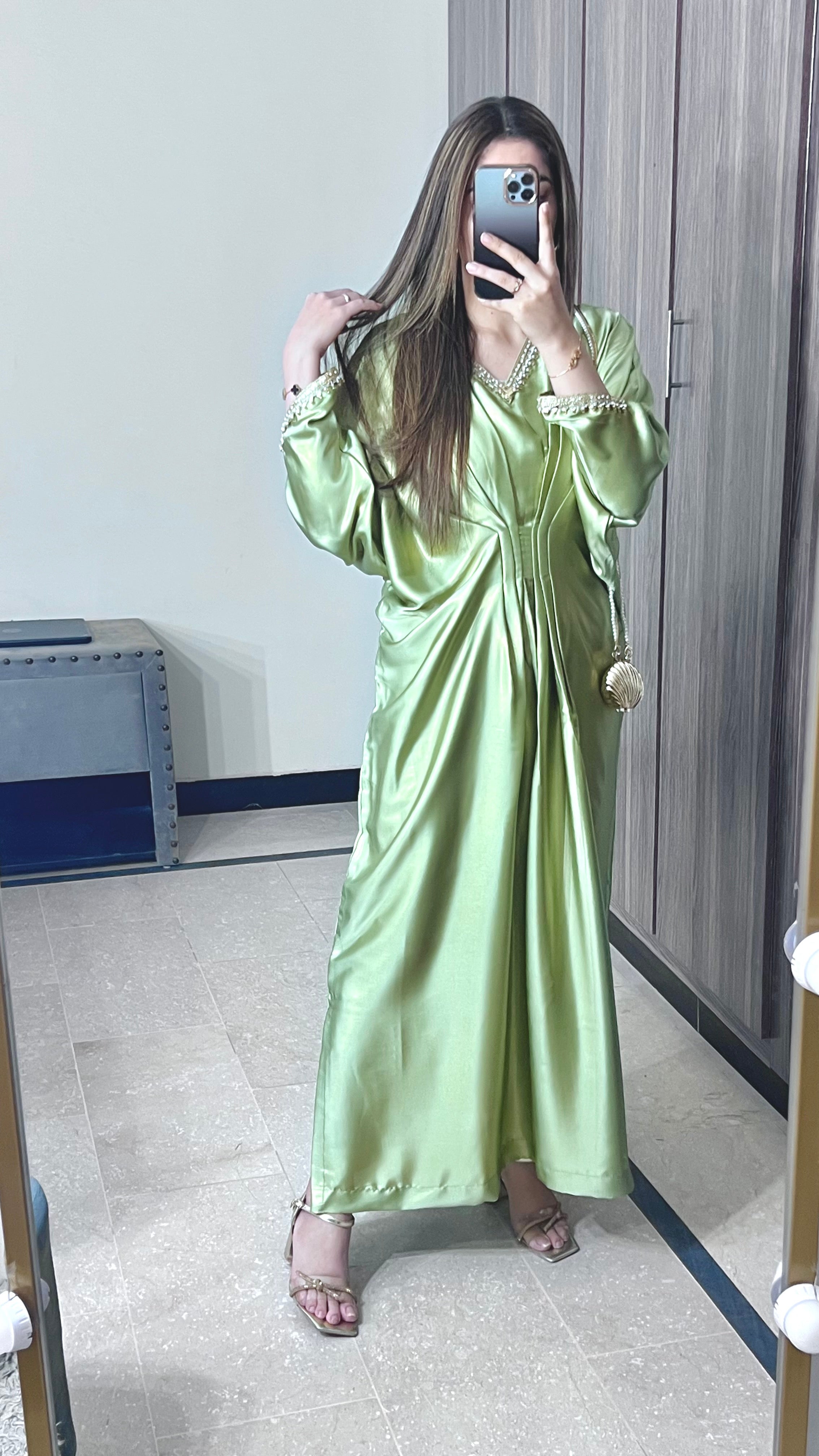Embroidered Shimmer Silk Green Kaftan