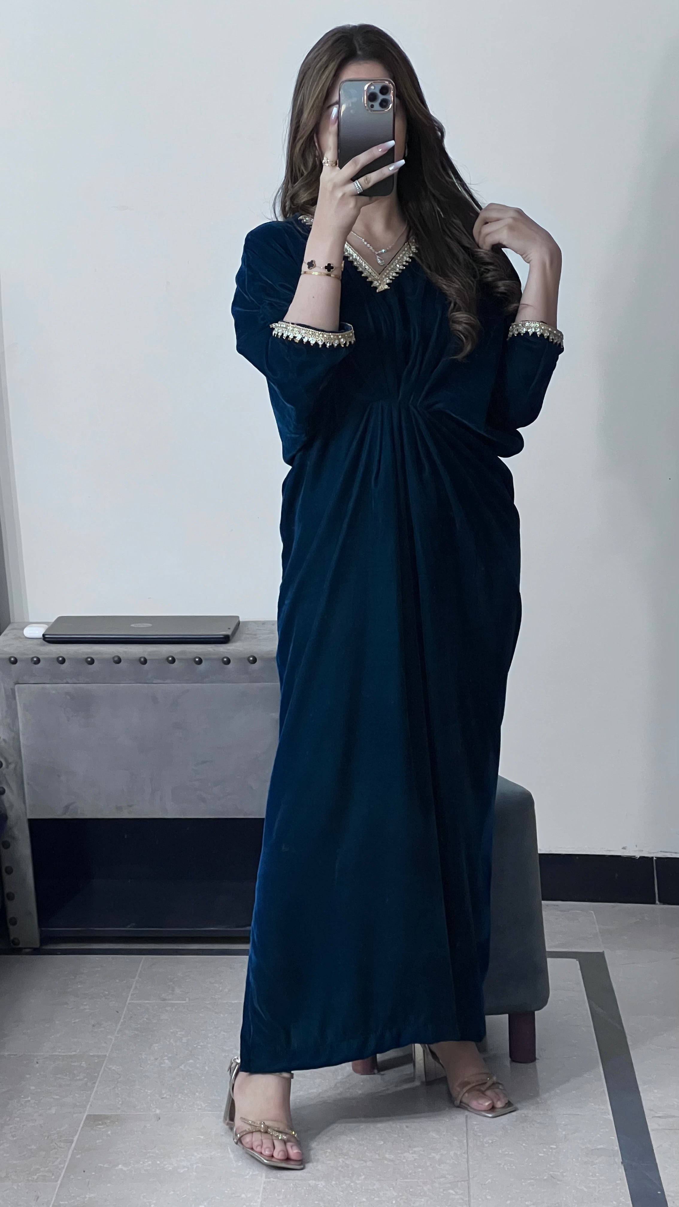 Embroidered Velvet Zinc Blue Kaftan