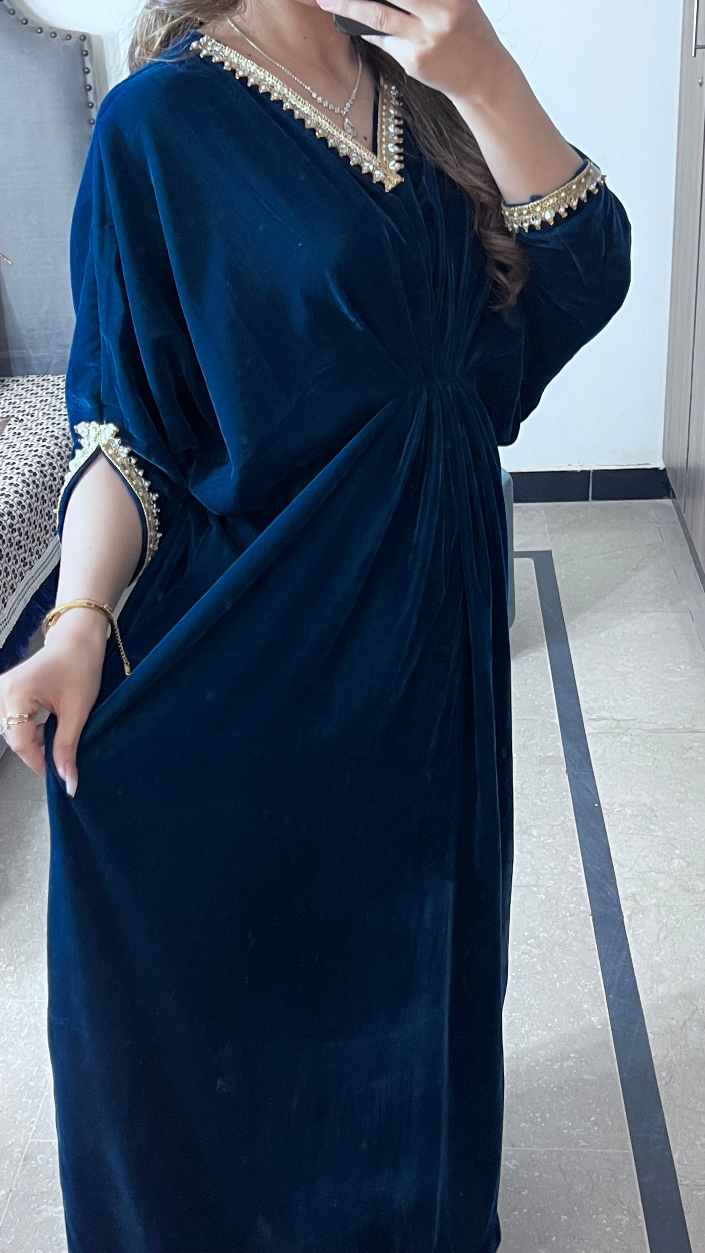 Embroidered Velvet Zinc Blue Kaftan