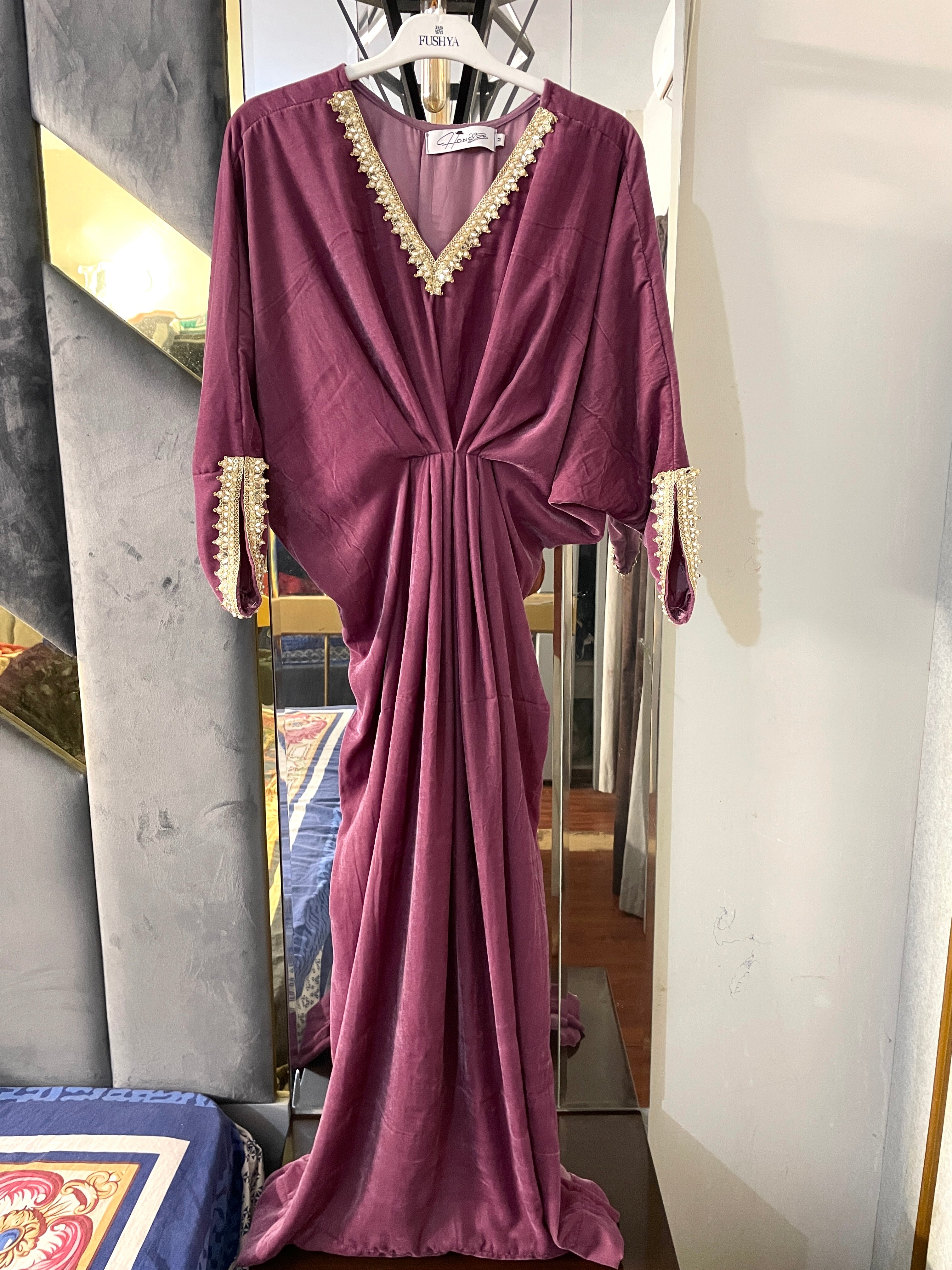 Embroidered Velvet Wine Color Kaftan