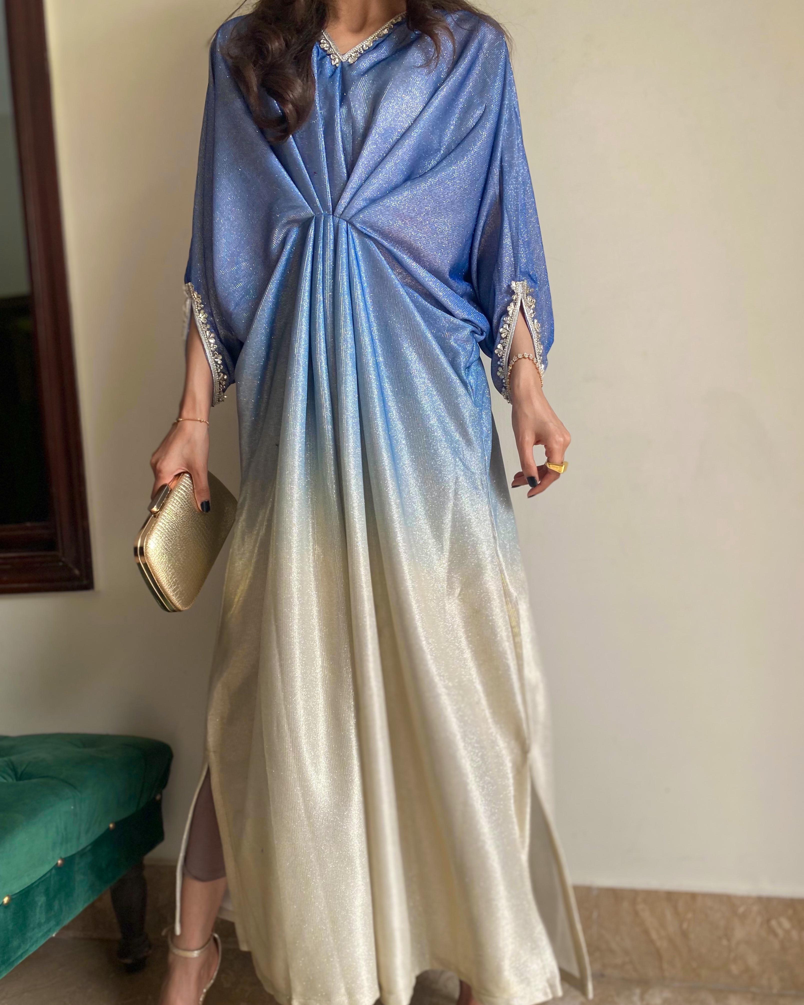 Embroidered Blue-Golden Shimmer Moonlight Kaftan