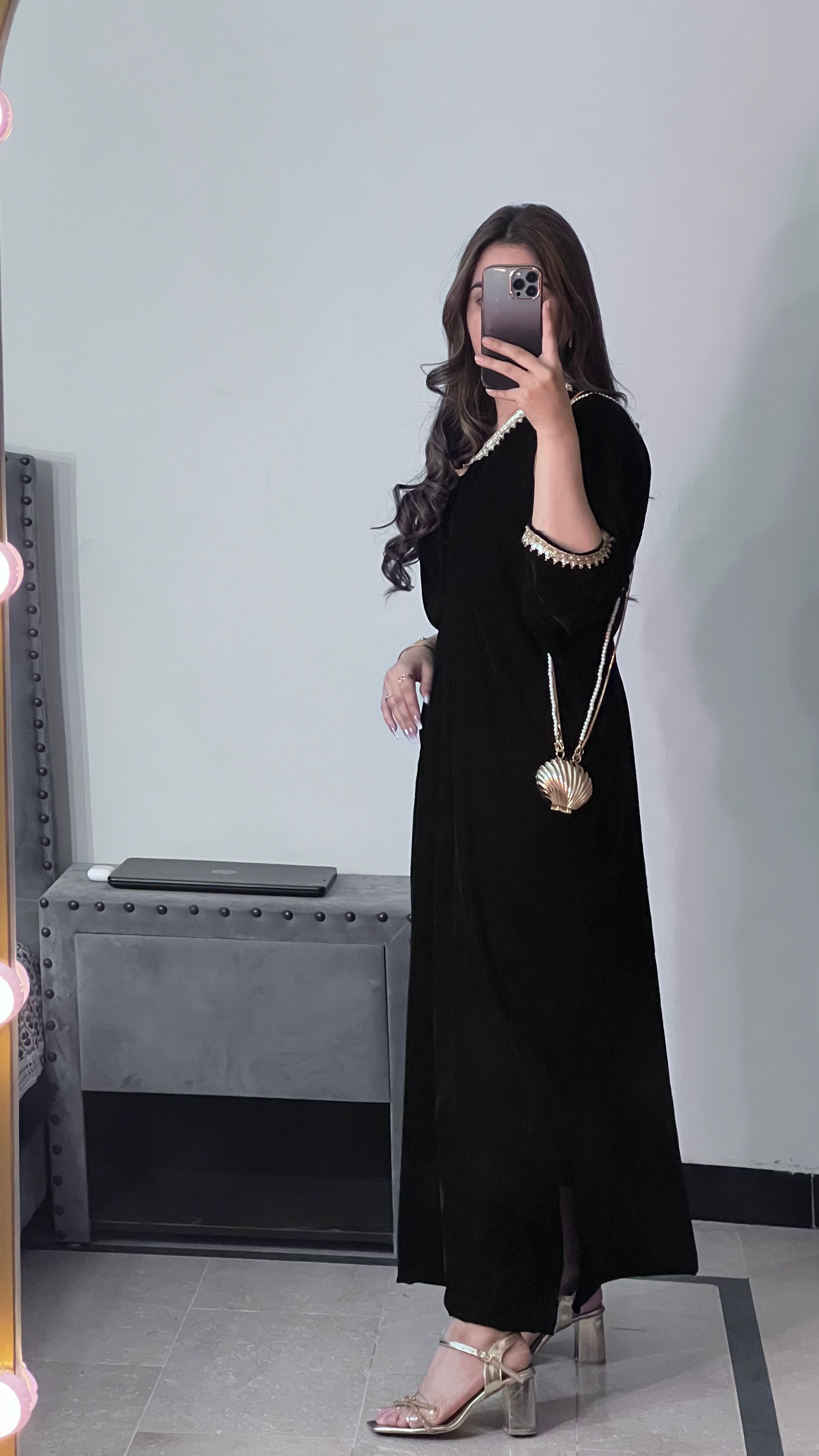 Embroidered Velvet Black Kaftan