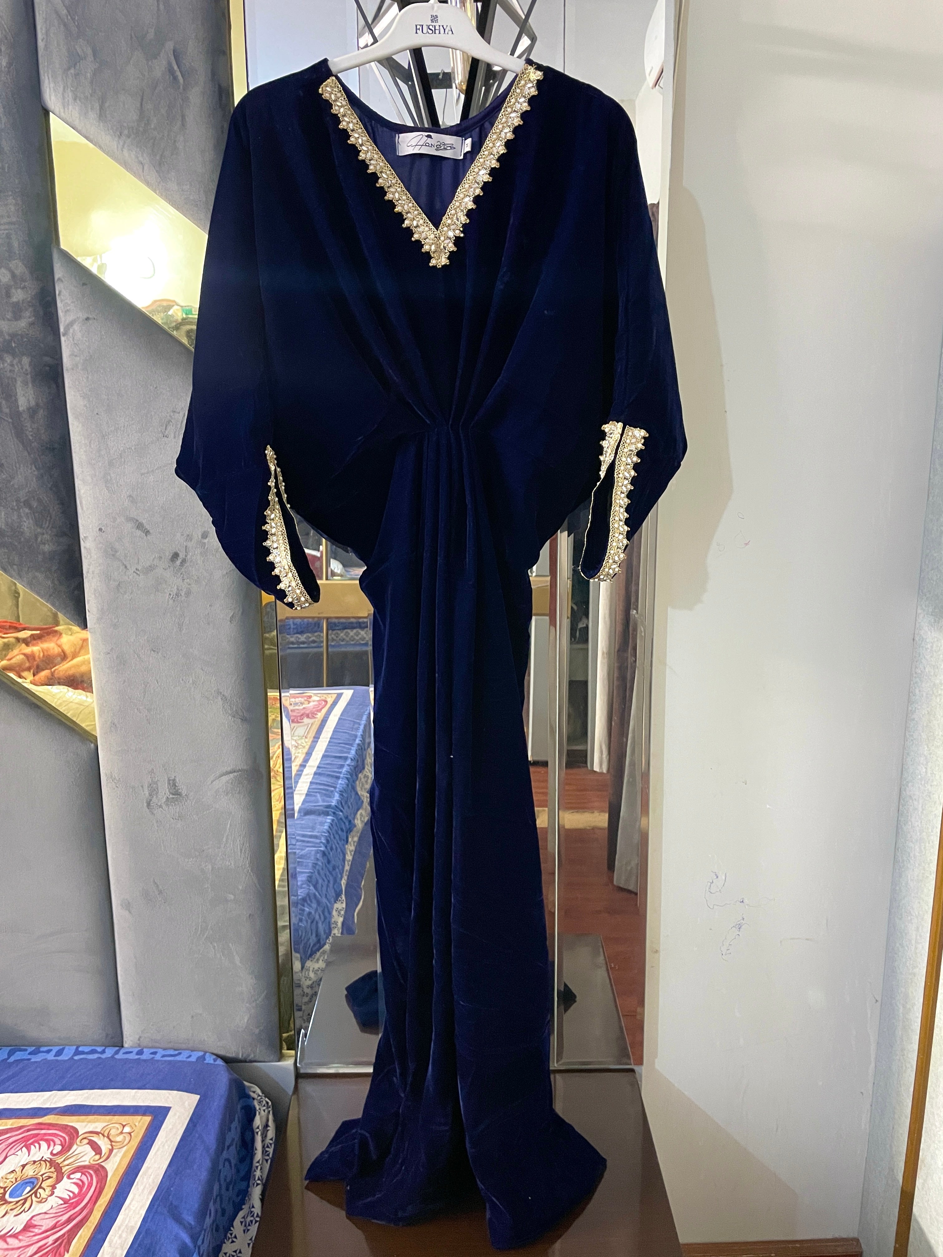 Embroidered Velvet Navy Blue Kaftan
