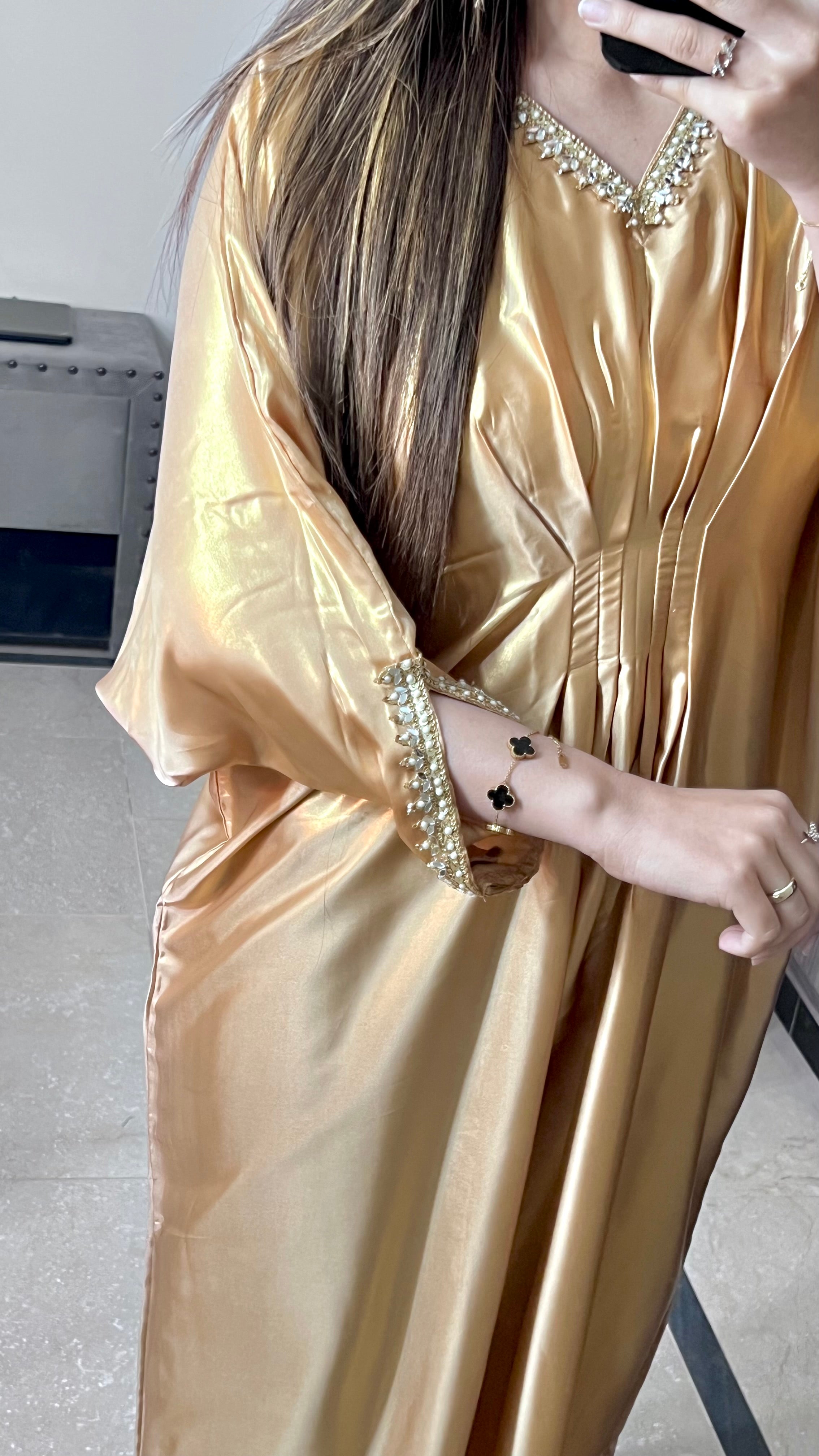 Embroidered Shimmer Silk Golden Kaftan