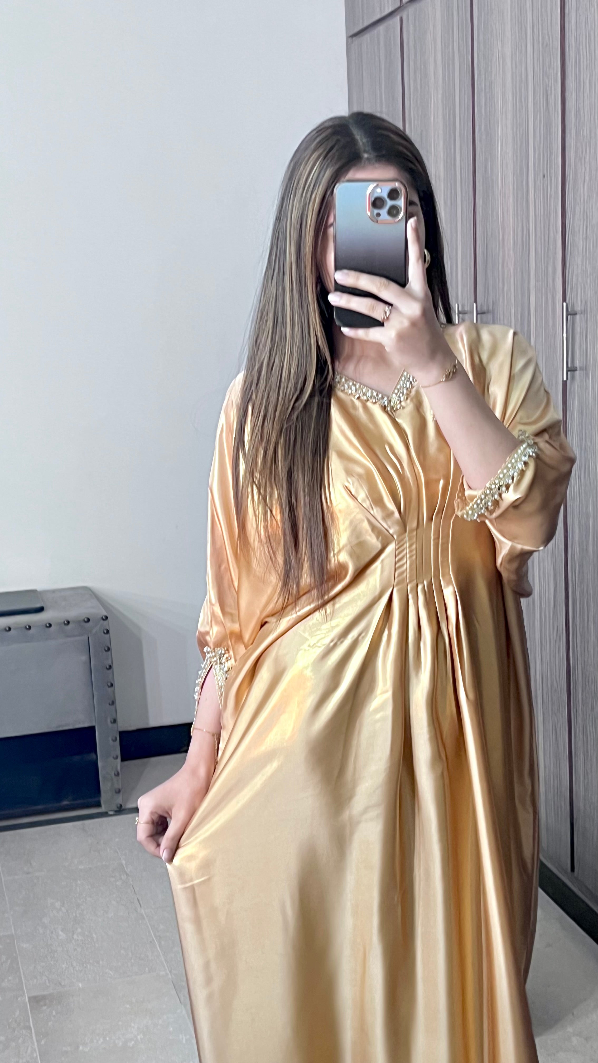 Embroidered Shimmer Silk Golden Kaftan