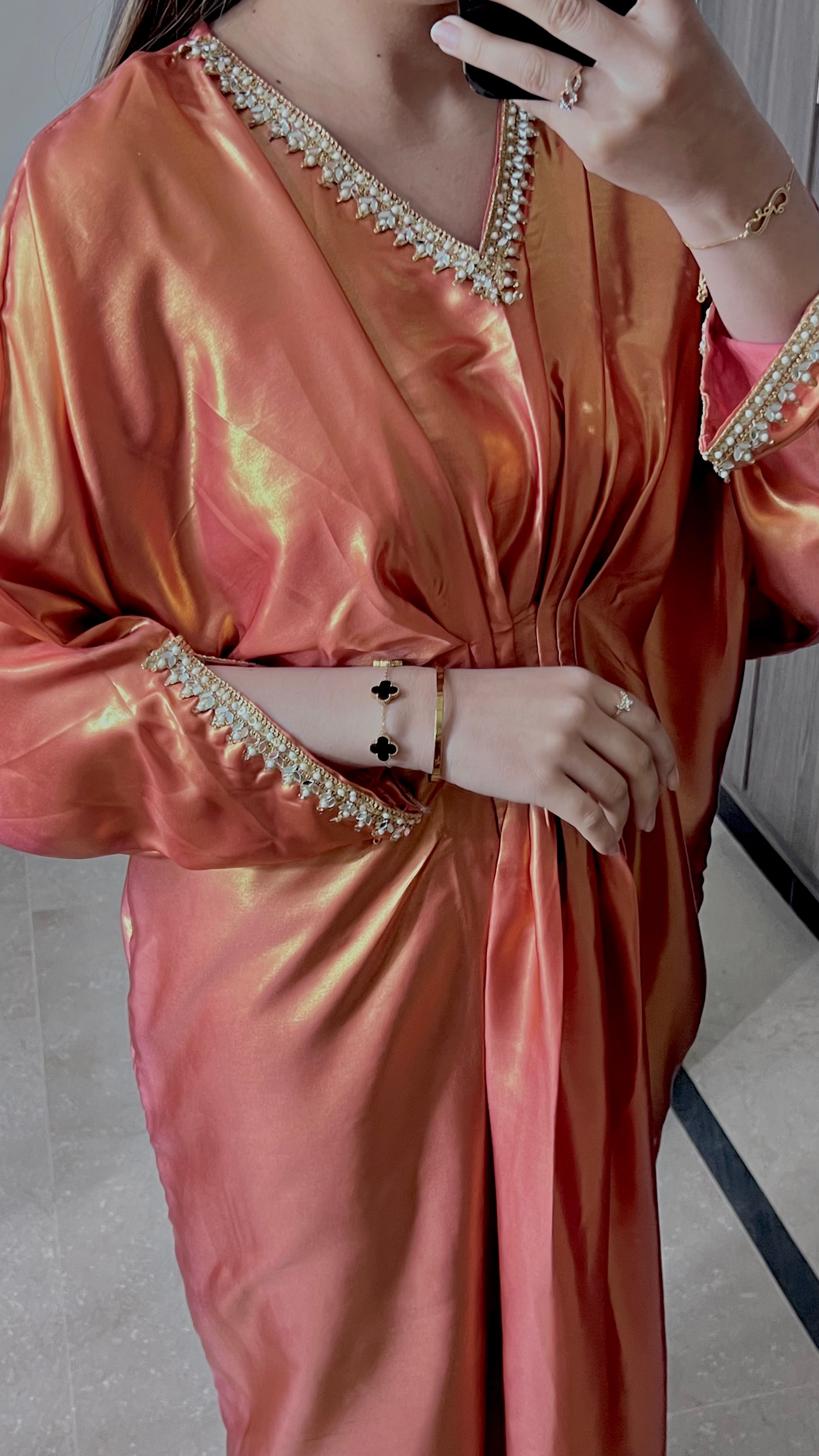 Embroidered Shimmer Silk Rust Kaftan