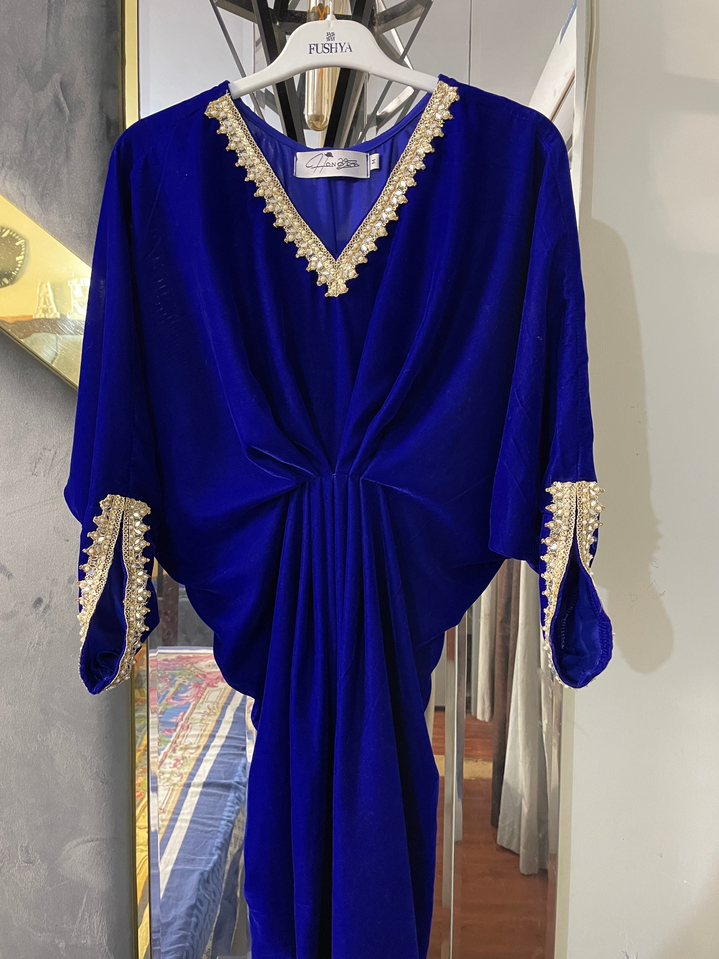 Embroidered Velvet Royal Blue Kaftan
