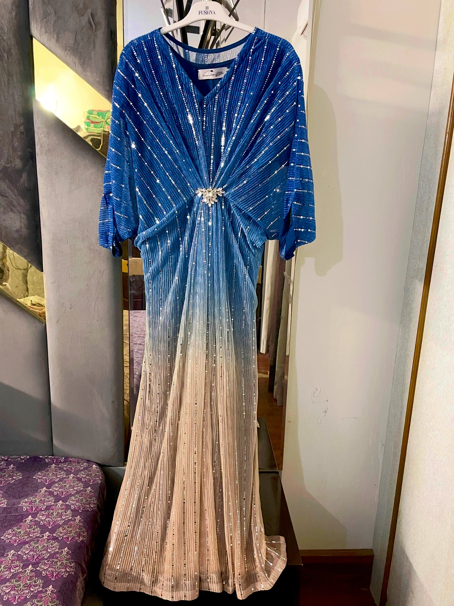 Blue-Gold Moonlight Sequins Kaftan