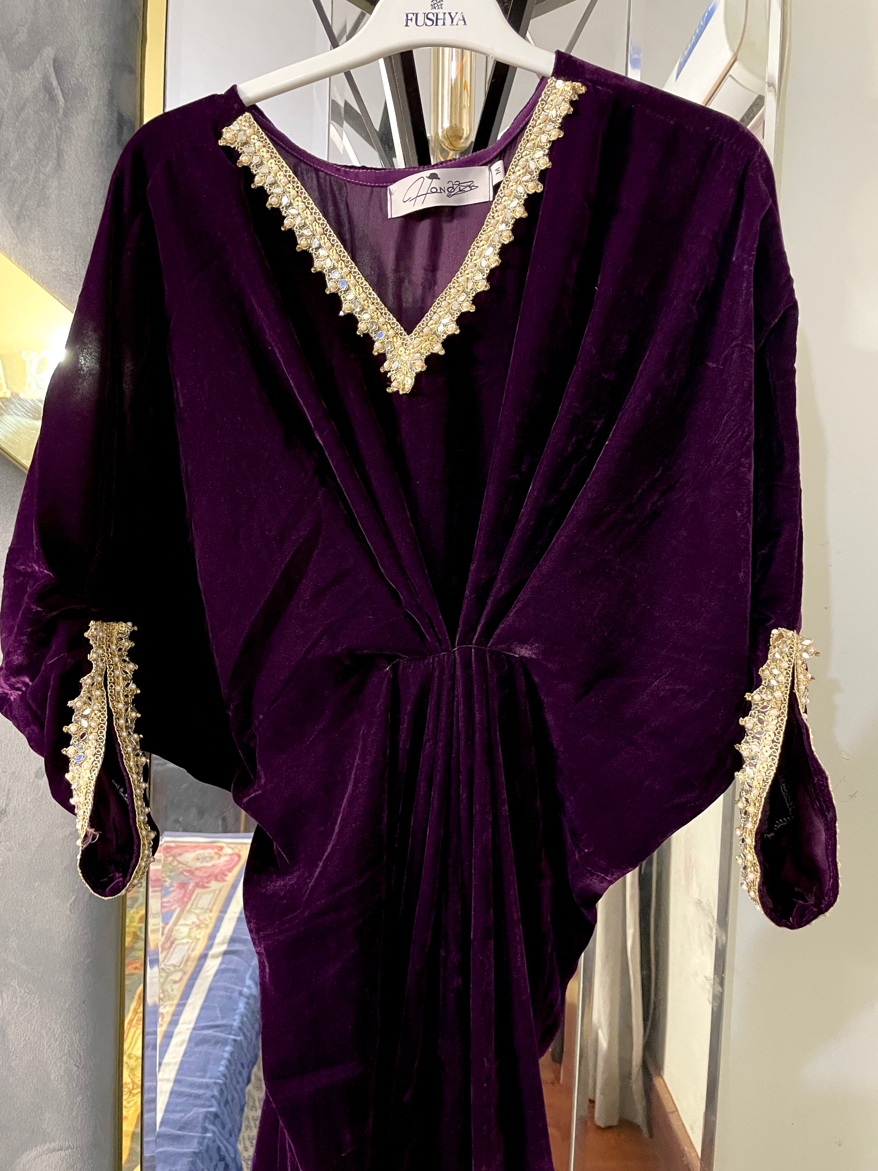Embroidered Velvet Burgundy Kaftan