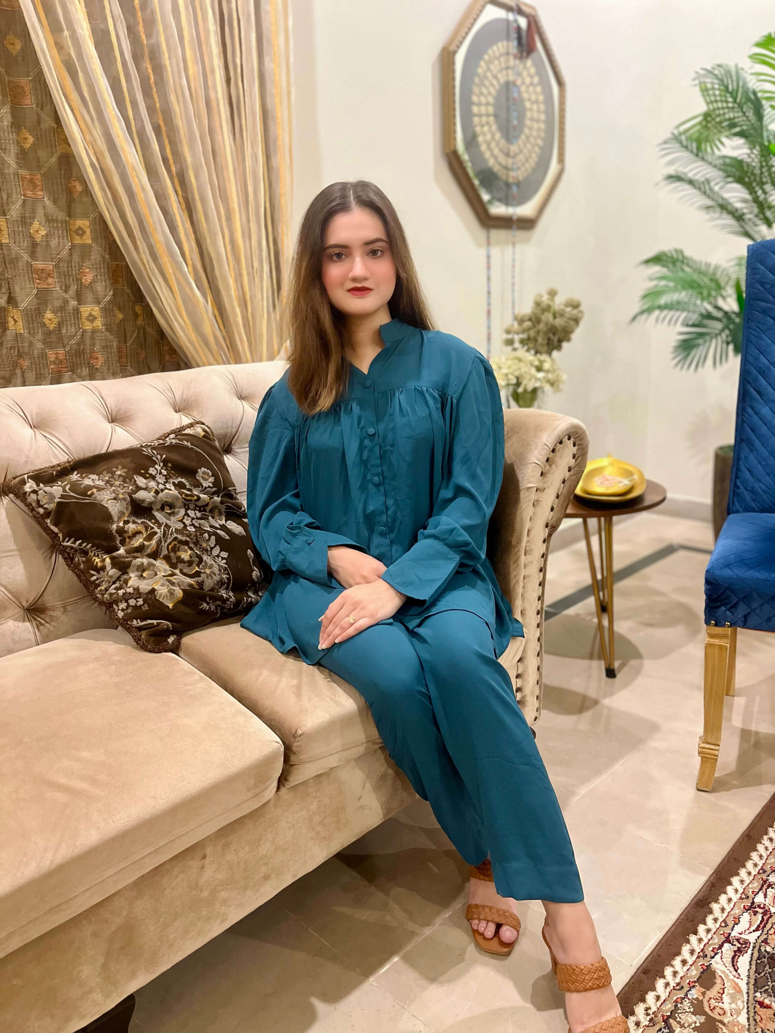 Green Button Down Crepe Solid Co-Ord Set