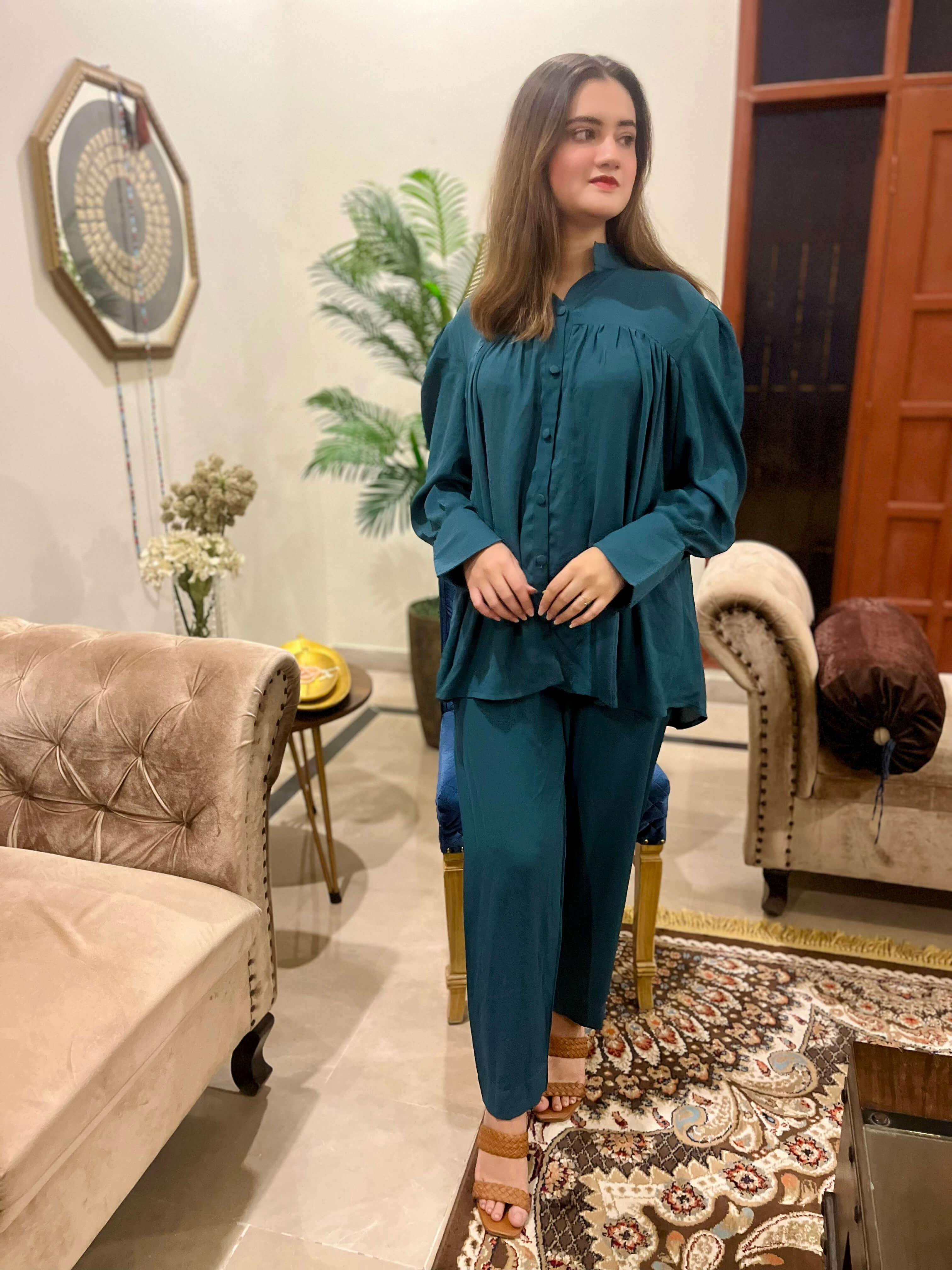 Green Button Down Crepe Solid Co-Ord Set