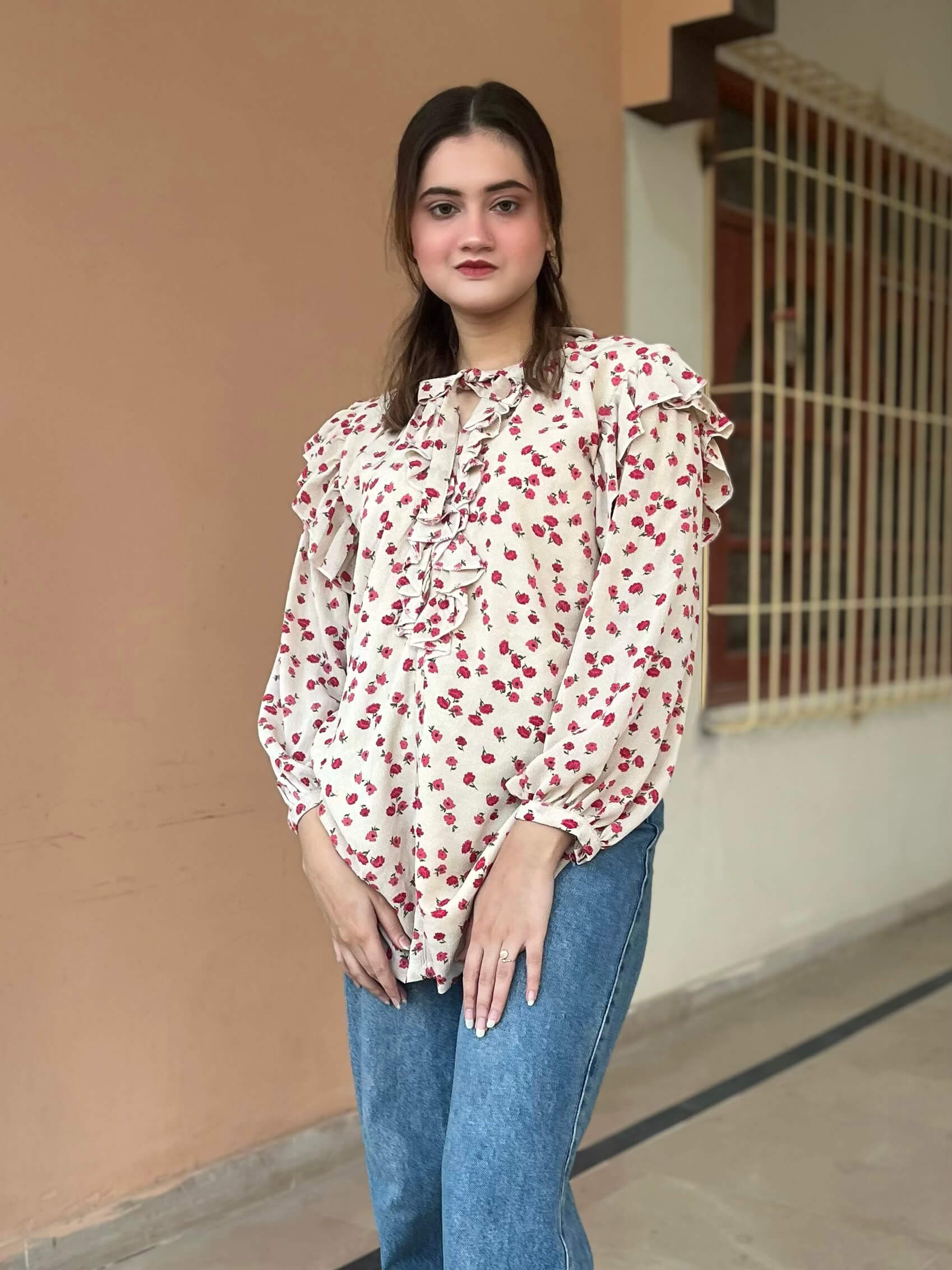 Ladona Floral Printed Frill Top