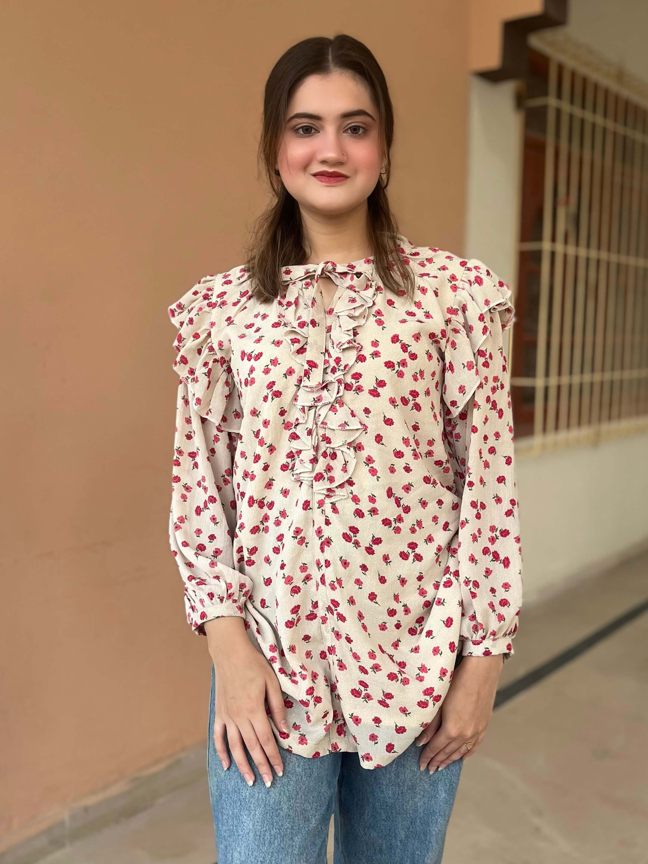 Ladona Floral Printed Frill Top