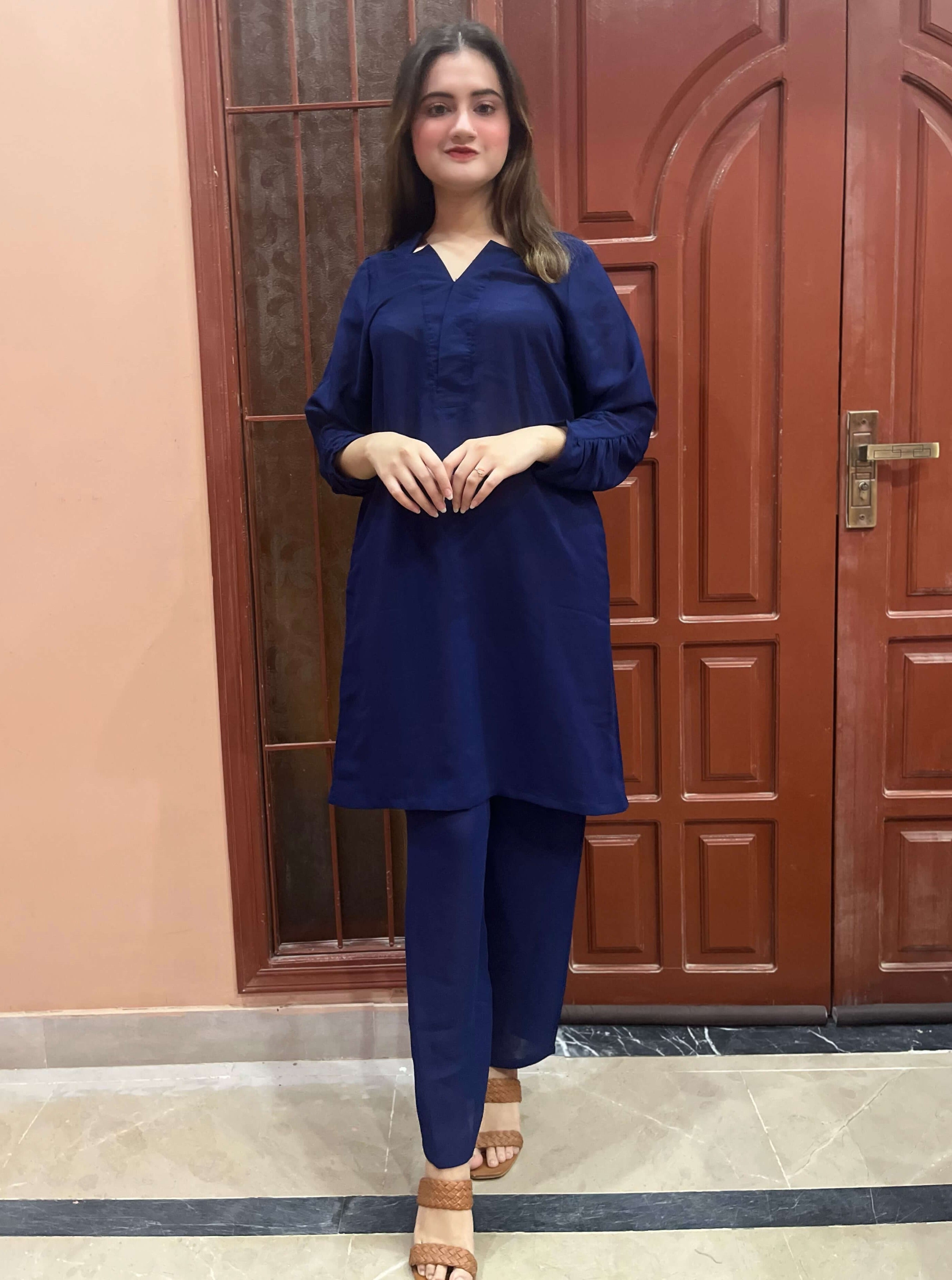 Navy Blue Crepe Solid Co-Ord