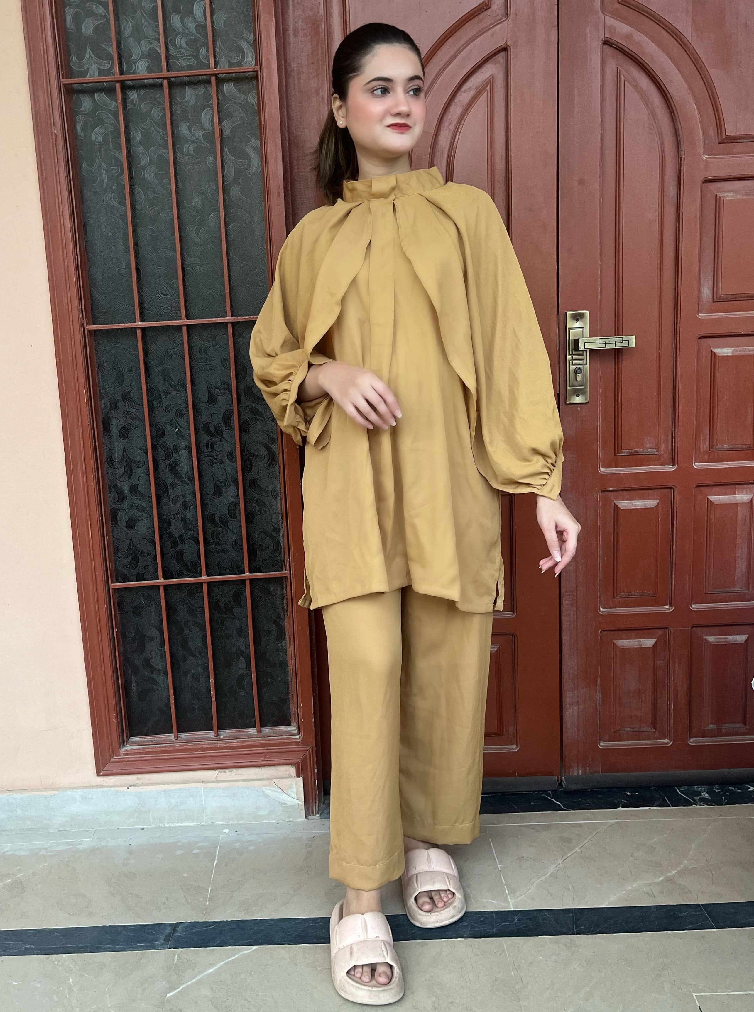 Beige Crepe Solid Co-Ord Set