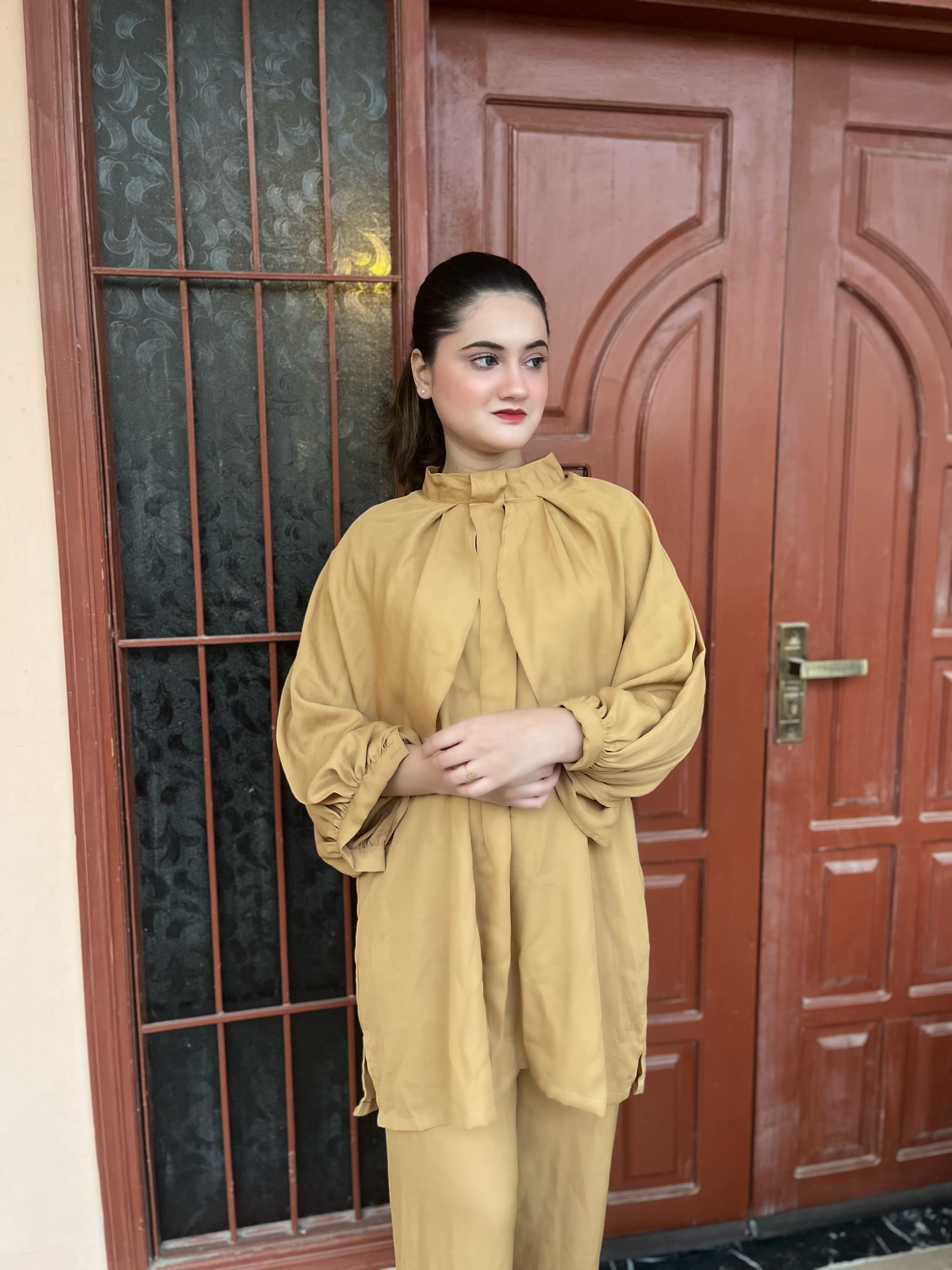 Beige Crepe Solid Co-Ord Set