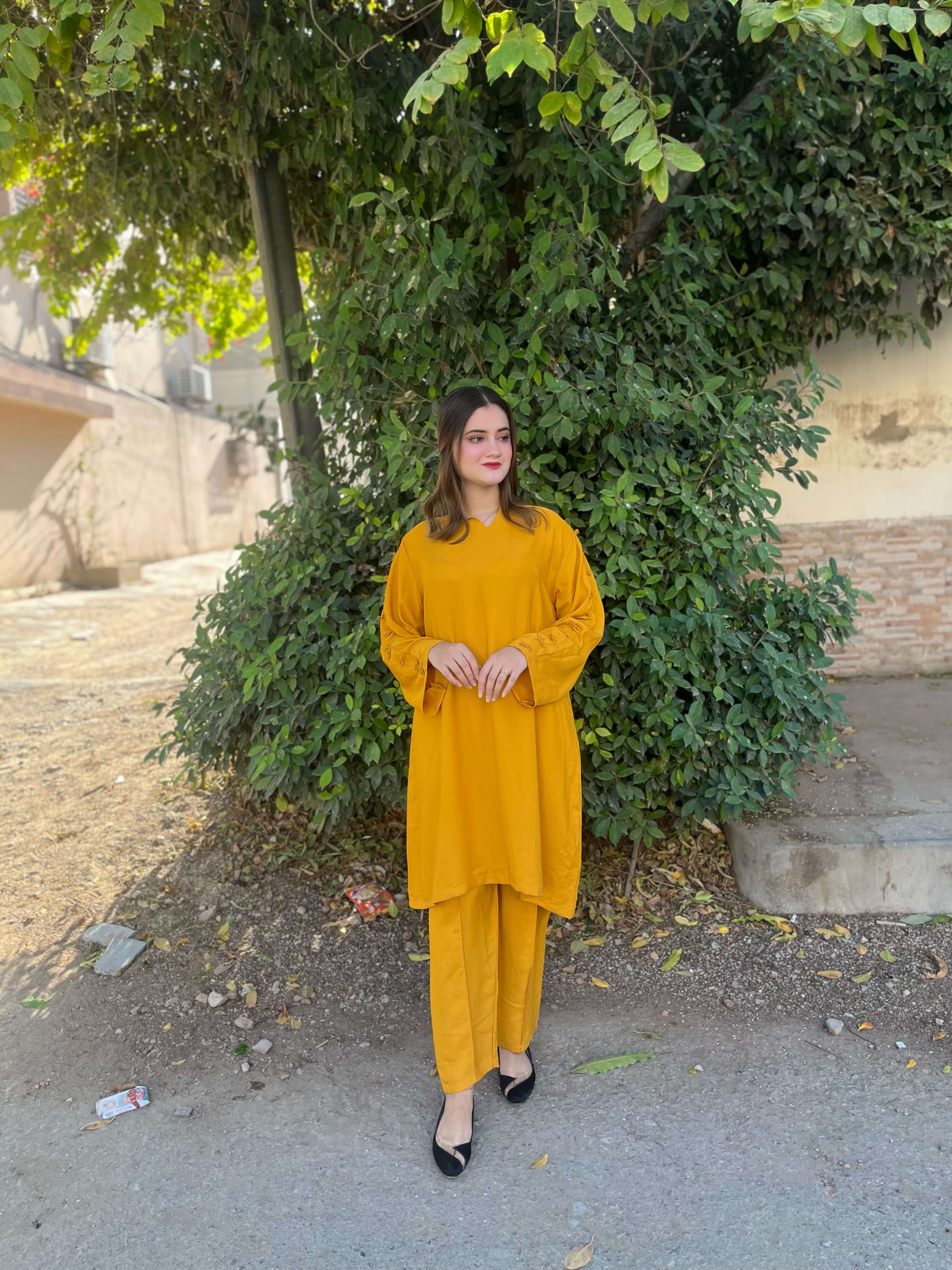 Mustard Crepe Solid Co-Ord Set