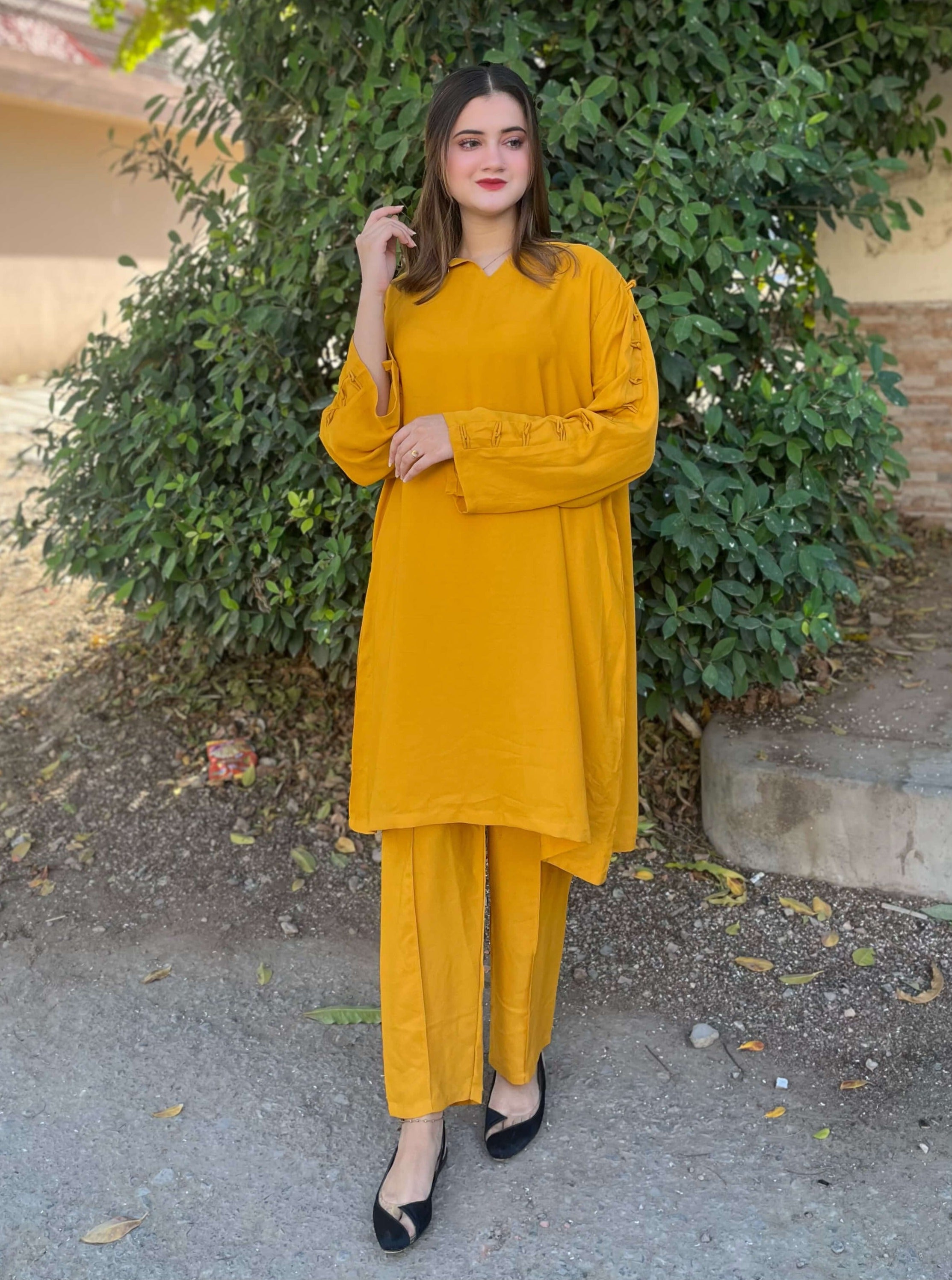 Mustard Crepe Solid Co-Ord Set