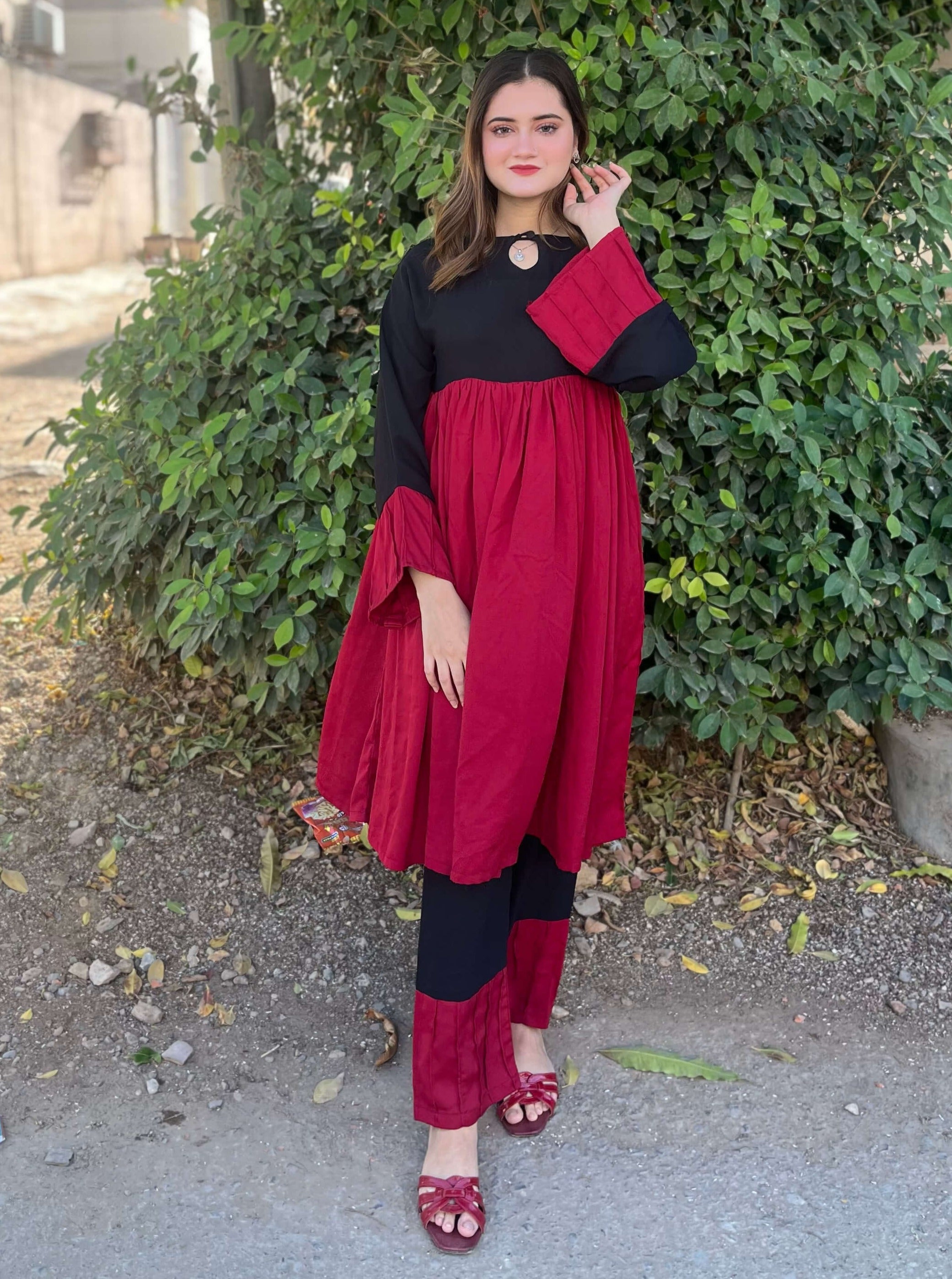 Black & Maroon Crepe Solid Co-Ord Set