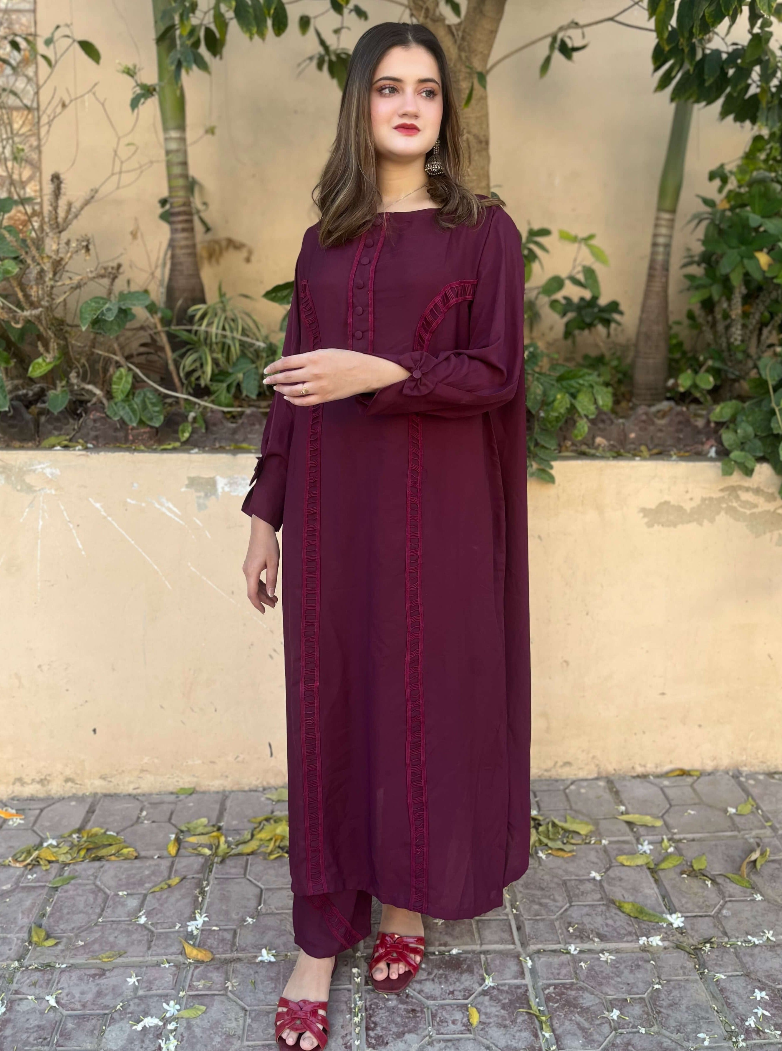 Burgundy Crepe Solid Co-Ord Set