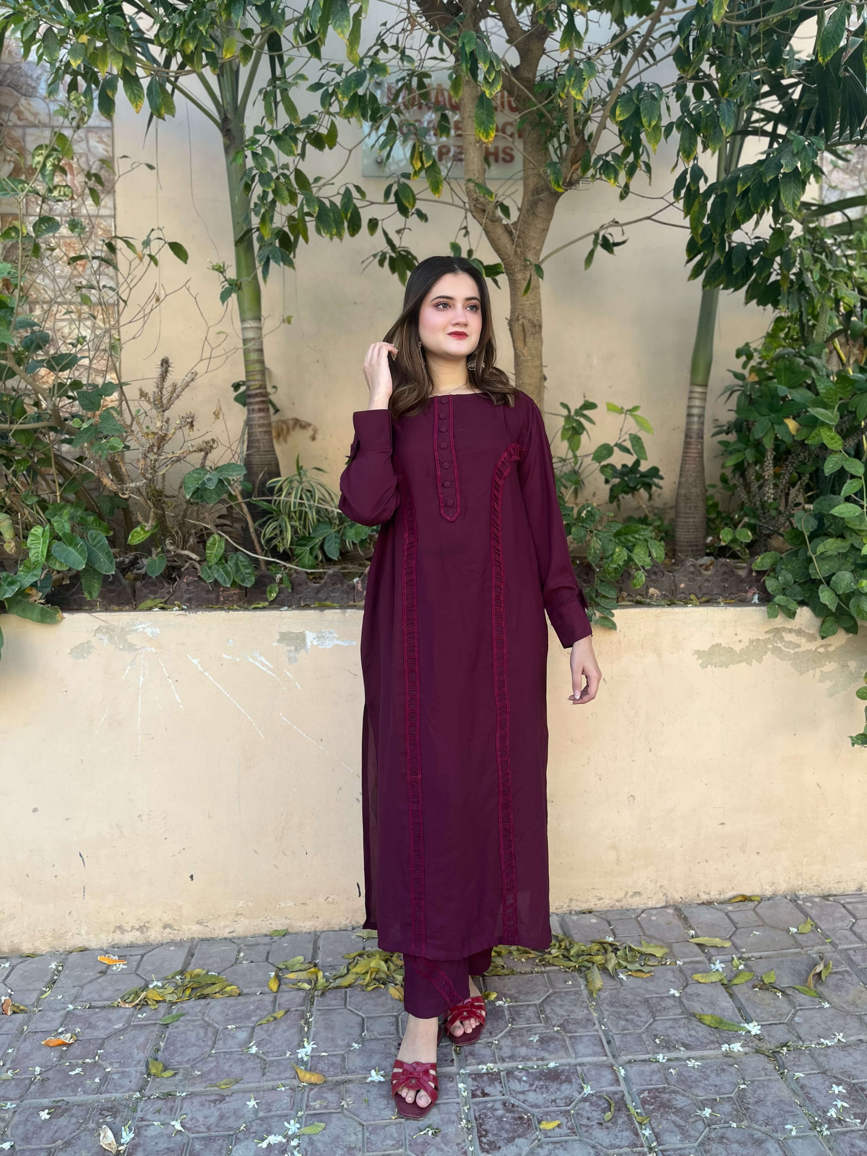 Burgundy Crepe Solid Co-Ord Set