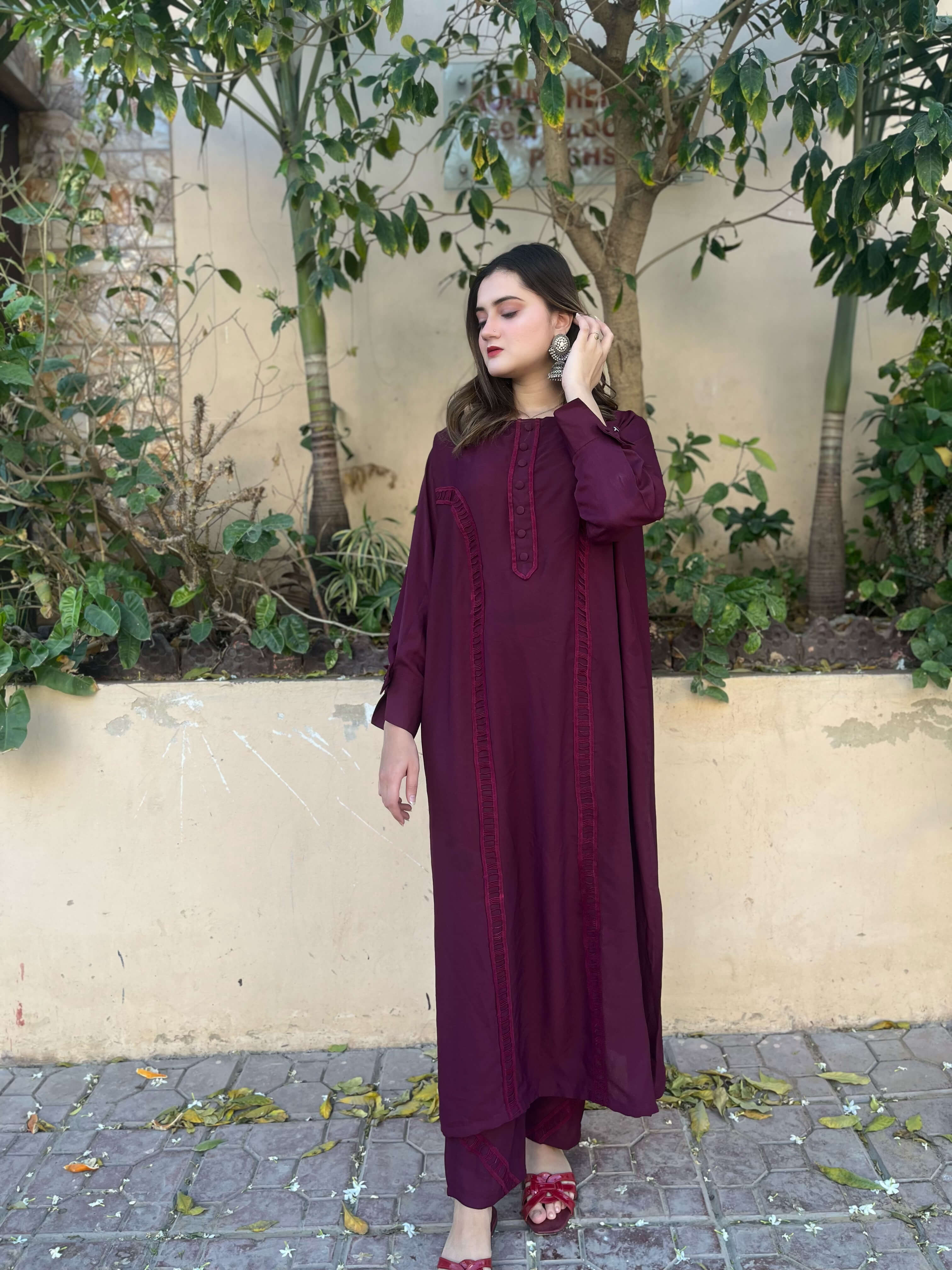 Burgundy Crepe Solid Co-Ord Set