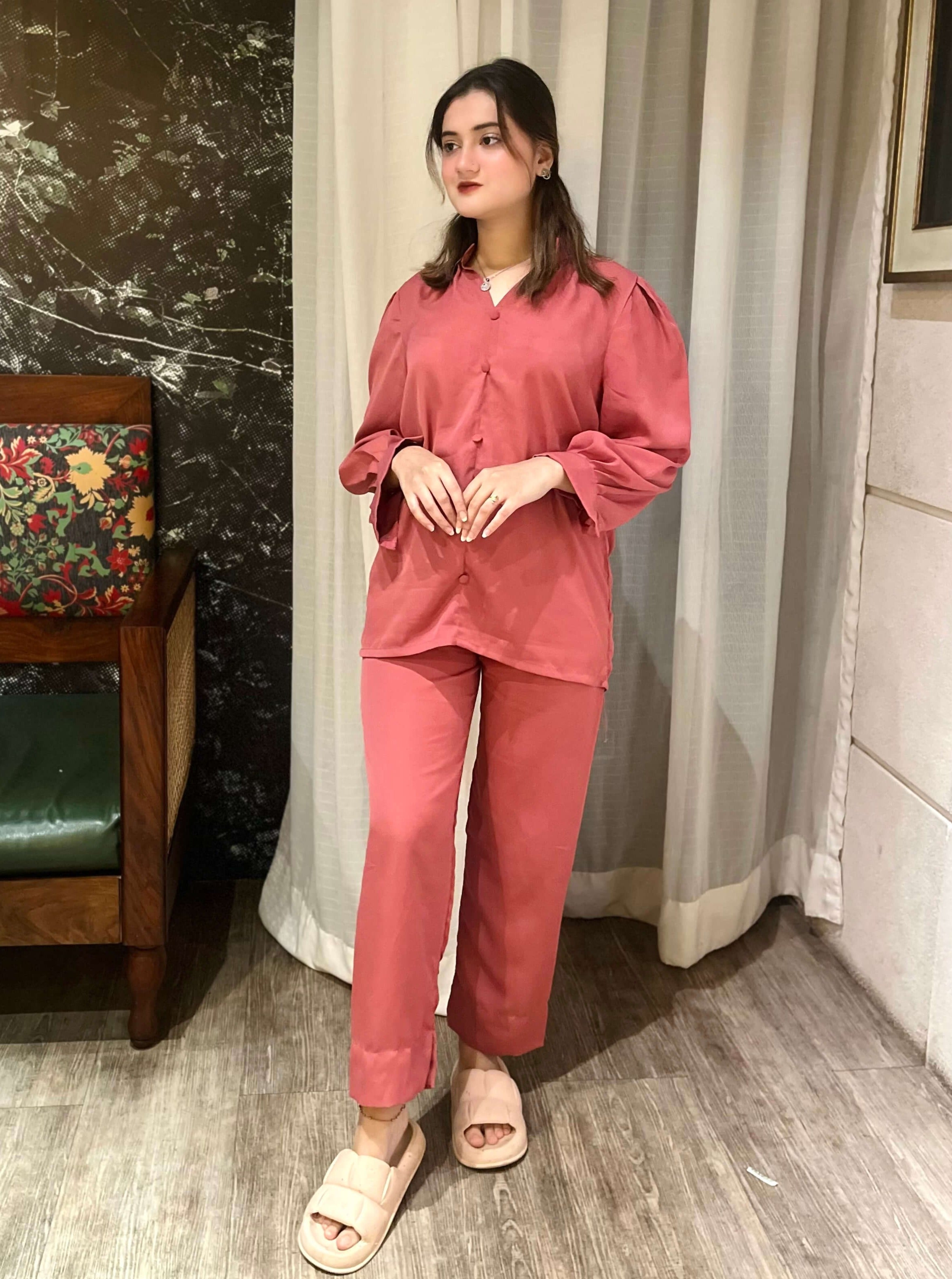 Tea Pink Crepe Solid Co-Ord Set