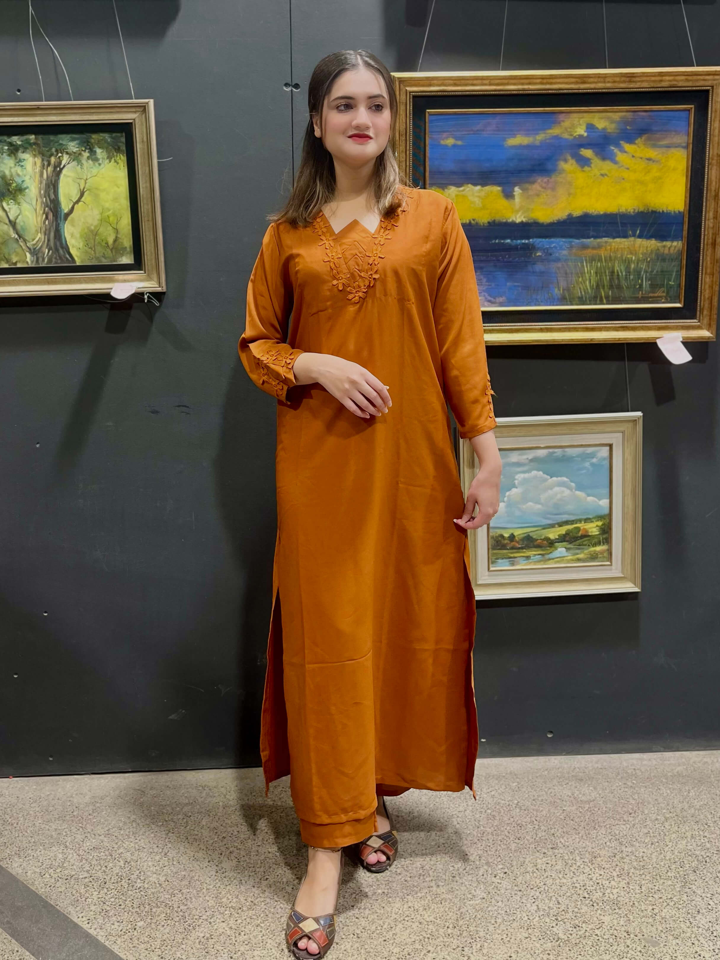 Mustard Lace Crepe Solid Co-Ord Set