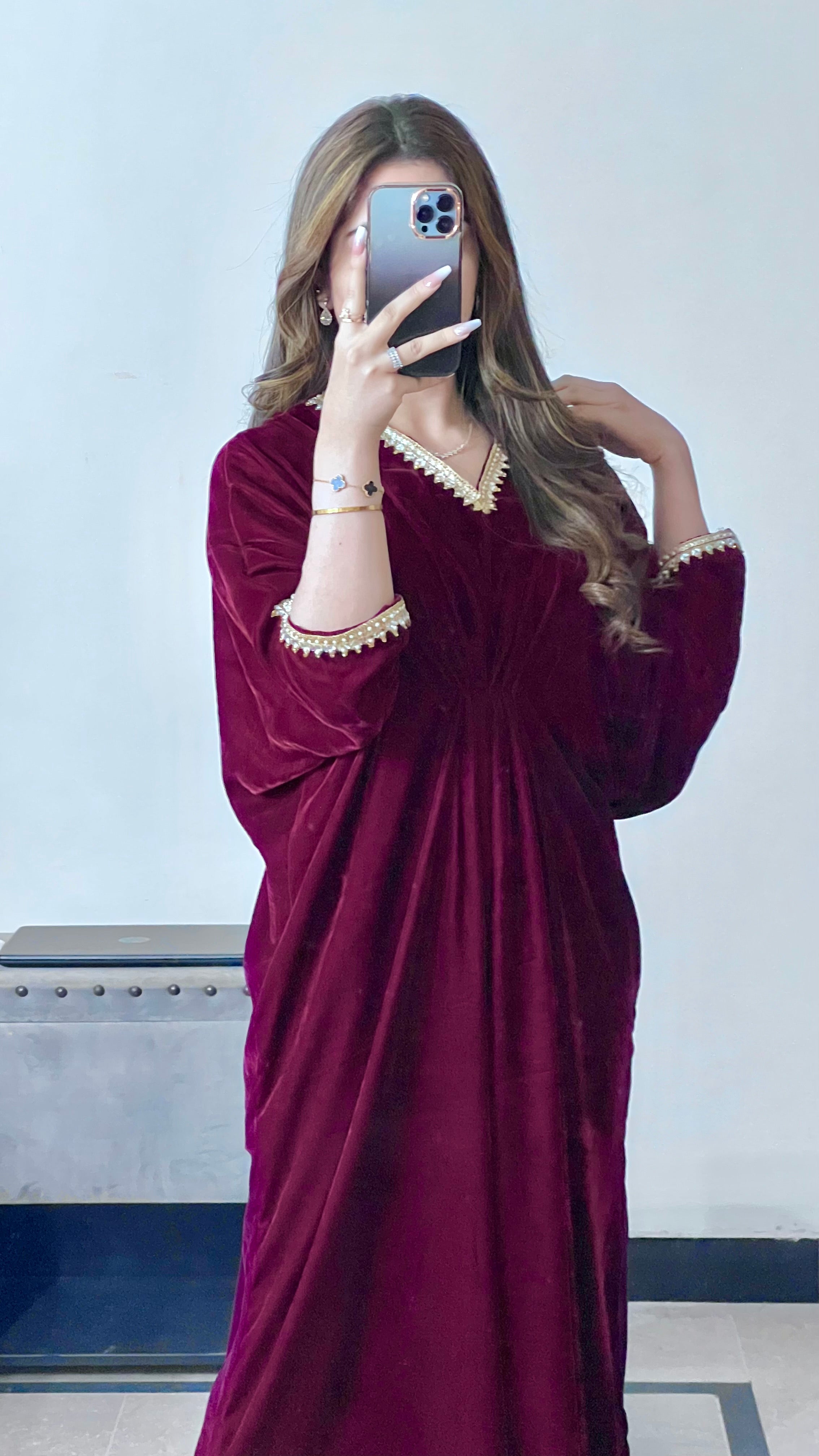 Embroidered Velvet Maroon Kaftan